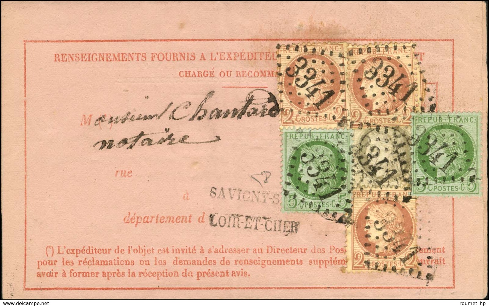GC 3341 / N° 51 (3) + 52 (usage Frauduleux) + 53 (2) Sur Avis De Réception De Savigny Sur Braye. 1874. Exceptionnelle Fr - 1871-1875 Cérès