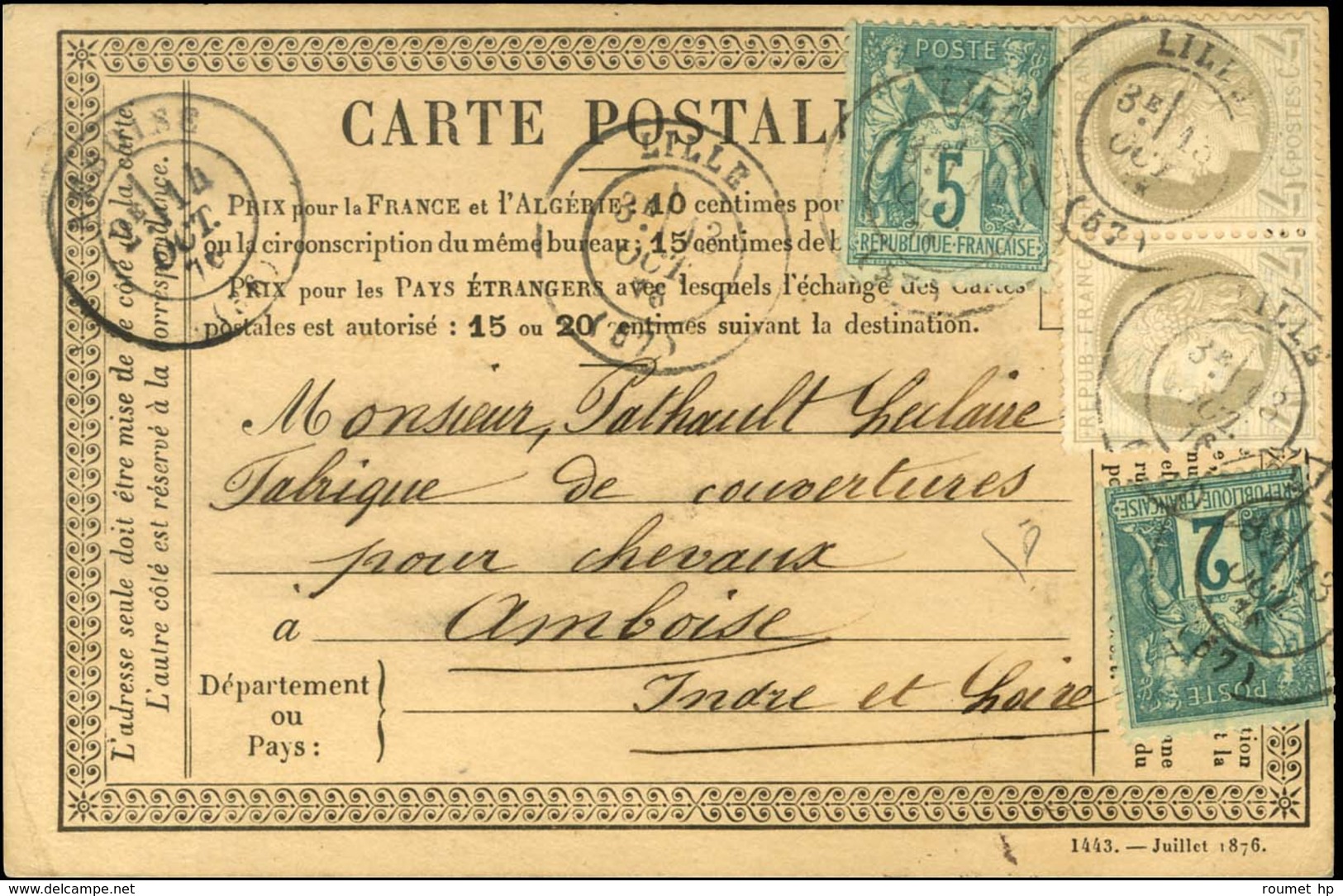 Càd T 17 LILLE (57) / N° 52 Paire + N° 64 + N° 74 Sur Carte Pour Amboise. 1876. - TB / SUP. - R. - 1871-1875 Ceres