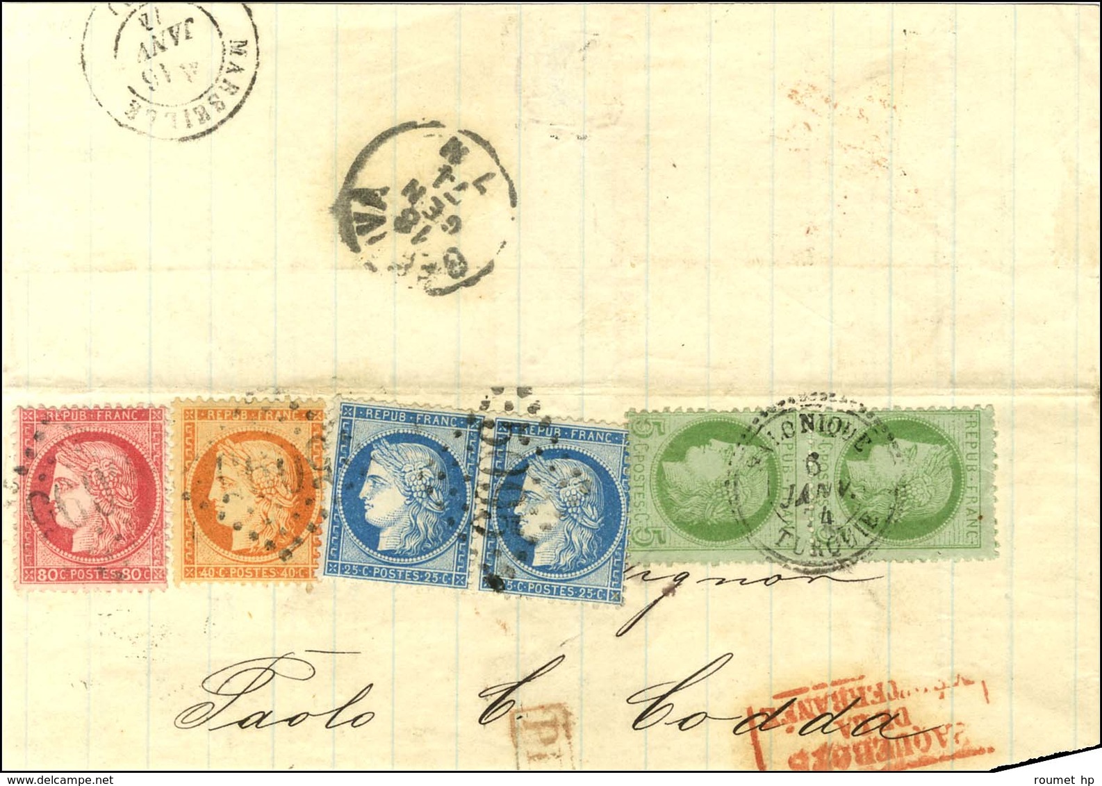 Càd SALONIQUE / TURQUIE / N° 53 Paire + GC 5095 / N° 38 + 57 + 60 Type II Paire Sur Fragment De Lettre Pour Gênes. 1874. - 1871-1875 Ceres