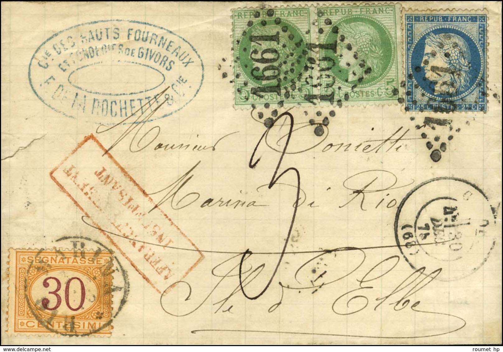 GC 1661 / N° 53 (2) + 60 Càd T 17 GIVORS (68) Sur Lettre Insuffisamment Affranchie Pour L'Ile D'Elbe Taxée 3. A L'arrivé - 1871-1875 Ceres