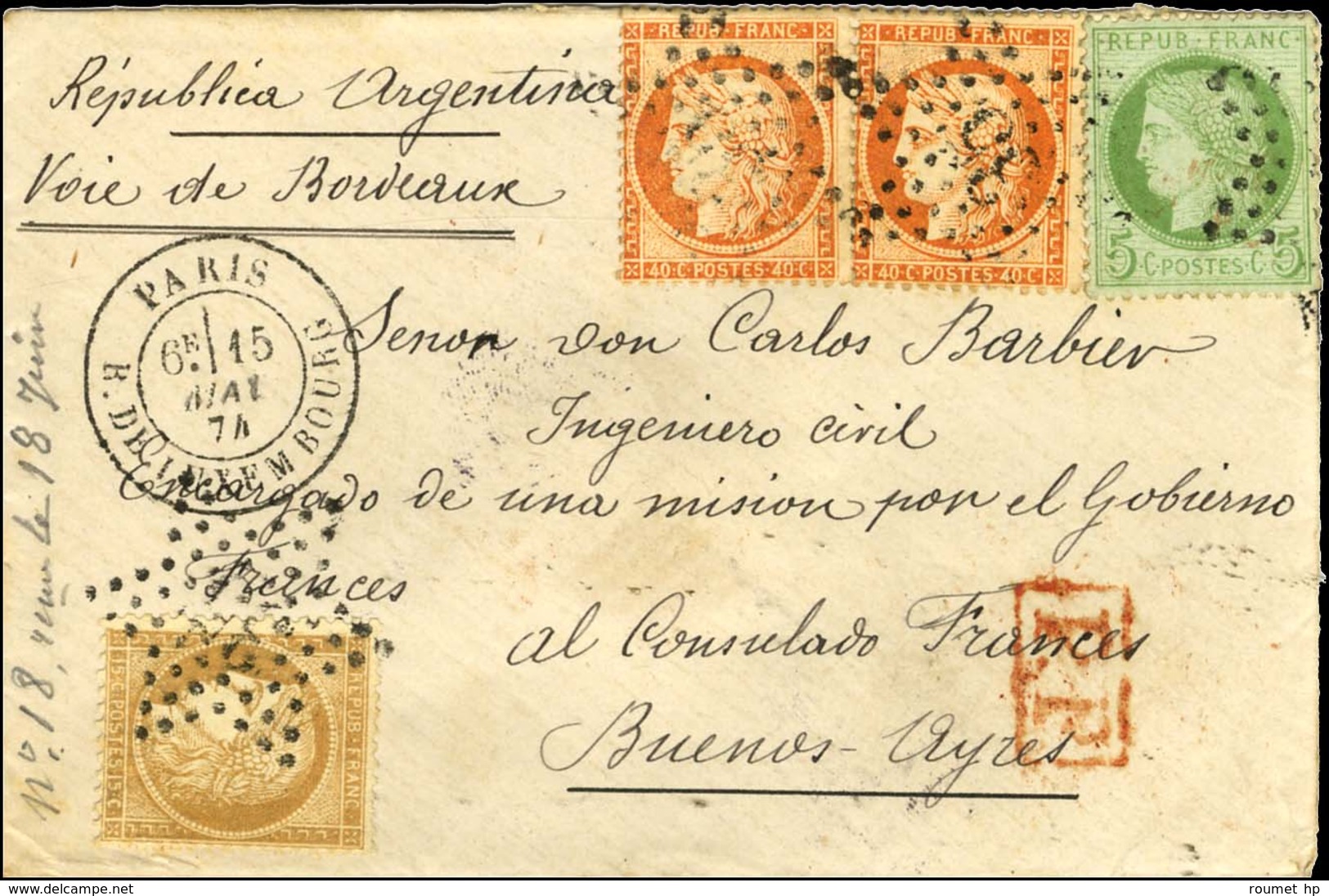 Etoile 35 / N° 38 Paire + 53 + 59 Càd PARIS / R. DE LUXEMBOURG Sur Lettre Pour Le Consulat De France à Buenos Ayres. 187 - 1871-1875 Ceres