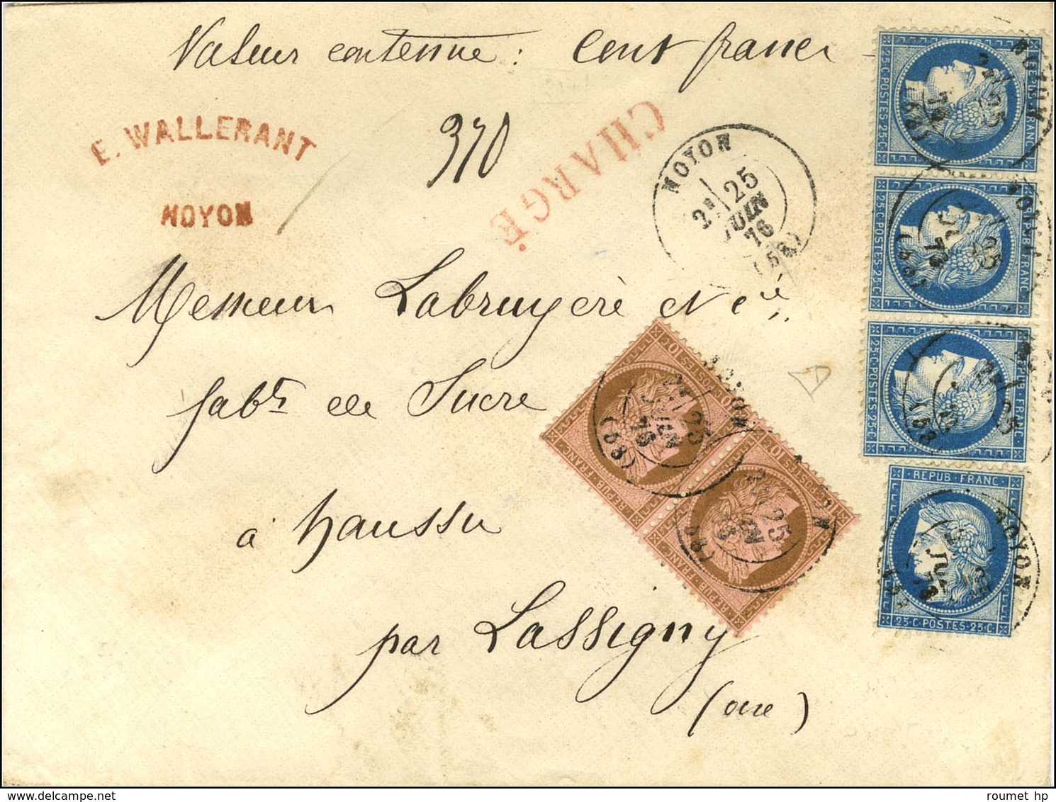 Càd T 17 NOYON (58) / N° 54 Paire + N° 60 Type III (bande De 3 + 1ex) Sur Lettre Chargée. 1876. - SUP. - 1871-1875 Ceres