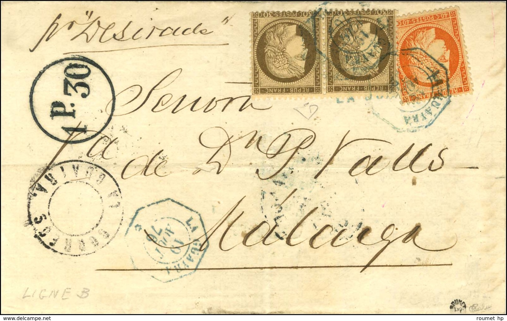 Càd Octo Bleu LA GUAYRA / * 19 AOUT 76 / N° 38 + 56 Paire Sur Lettre Pour Malaga, Au Recto Taxe Espagnole 1P.30. - TB /  - 1871-1875 Ceres