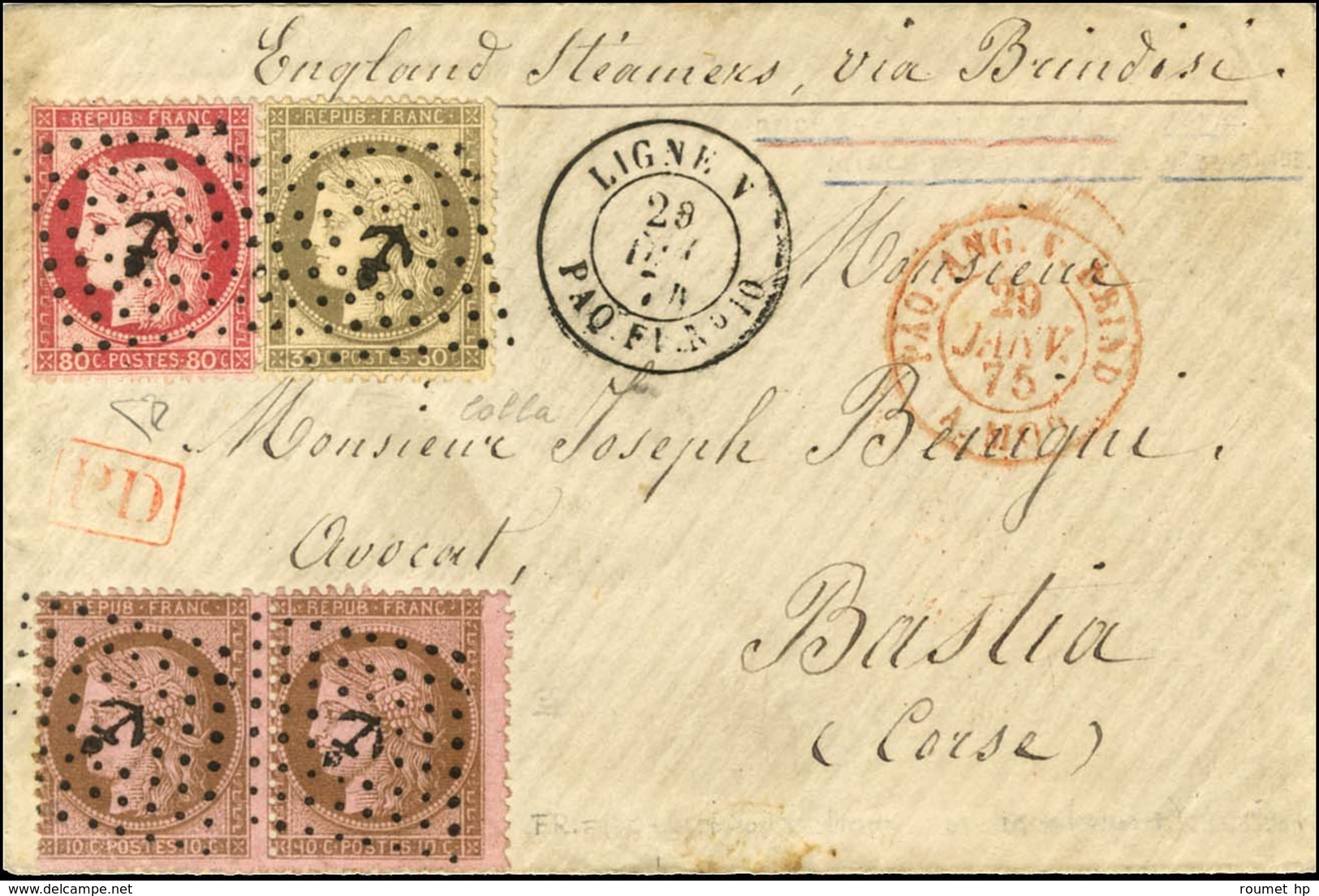 Ancre / N° 56 + 57 + 58 Paire Càd LIGNE N / PAQ.FR. N° 10 Sur Lettre Pour Bastia. 1874. - SUP. - R. - 1871-1875 Ceres