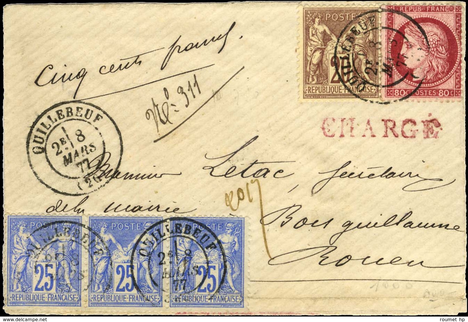 Càd T 17 QUILLEBEUF / N° 57 + 67 + 78 Bande De 3 (infime Froissure) Sur Lettre Chargée Pour Rouen. 1877. - SUP. - 1871-1875 Ceres