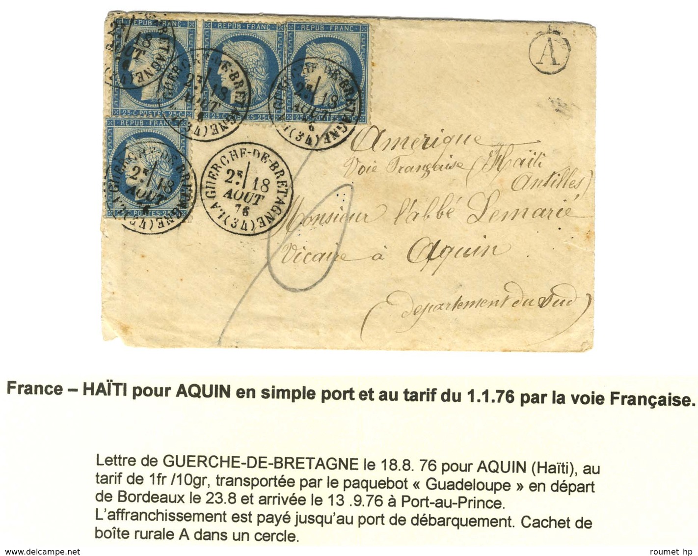 Càd T 16 LA GUERCHE-DE-BRETAGNE (34) / N° 60 (4) Sur Lettre Pour Aquin (Haïti) Par La Voie Française. 1875. - SUP. - R. - 1871-1875 Cérès