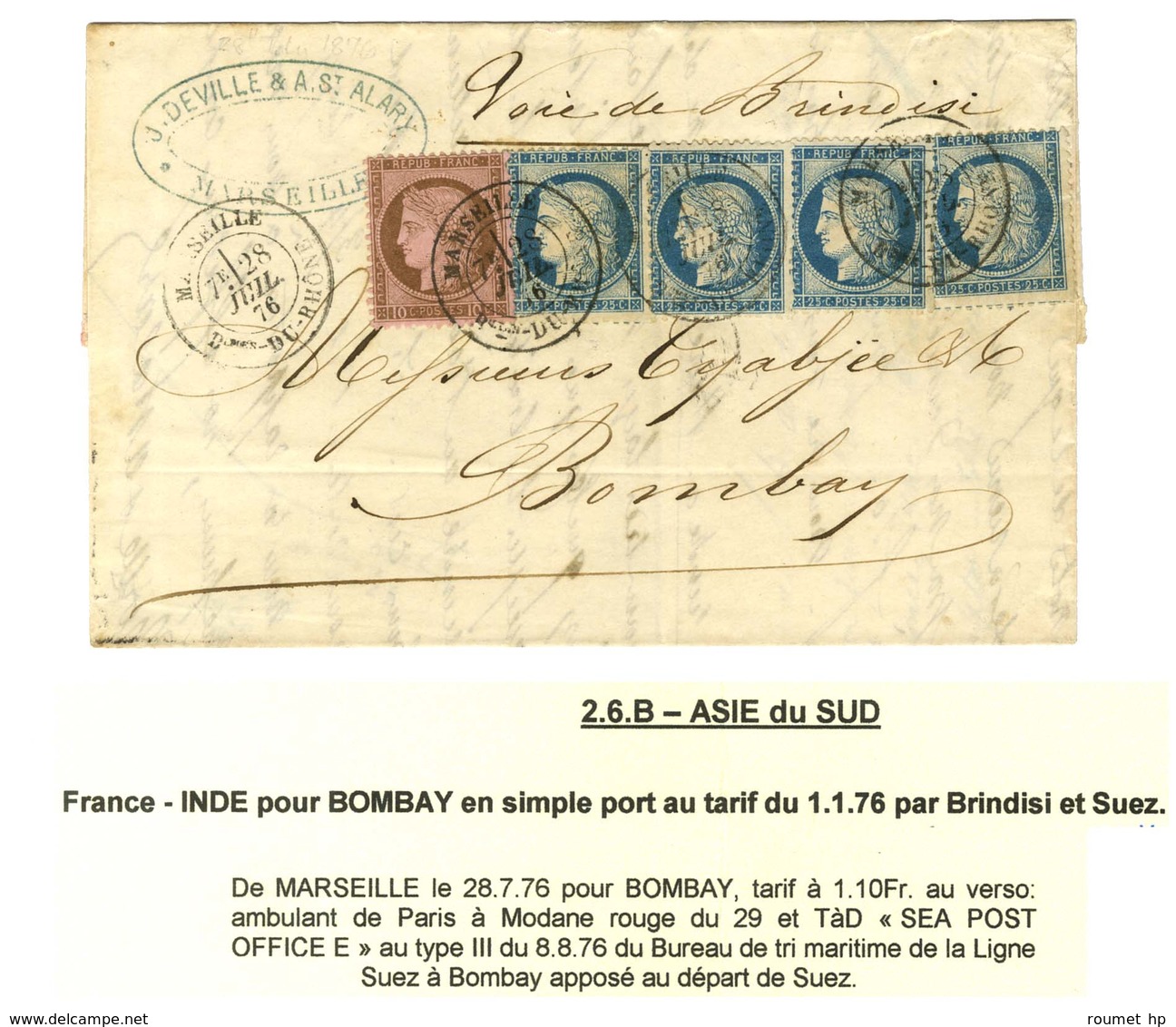 Càd MARSEILLE / Bches-DU-RHÔNE / N° 54 + 60 (4) Sur Lettre Pour Bombay Par La Voie De Brindisi. 1876. - SUP. - R. - 1871-1875 Ceres