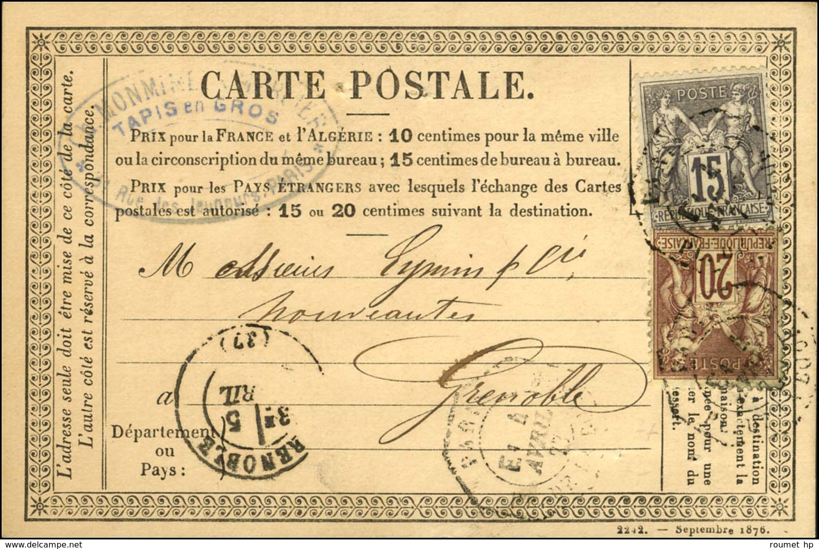 Càd Octo De Lev. Exp. PARIS / PL. DE LA BOURSE E1 / N° 67 + 77 Sur Carte Postale Pour Grenoble. 1877. - TB. - RR. - 1876-1878 Sage (Type I)