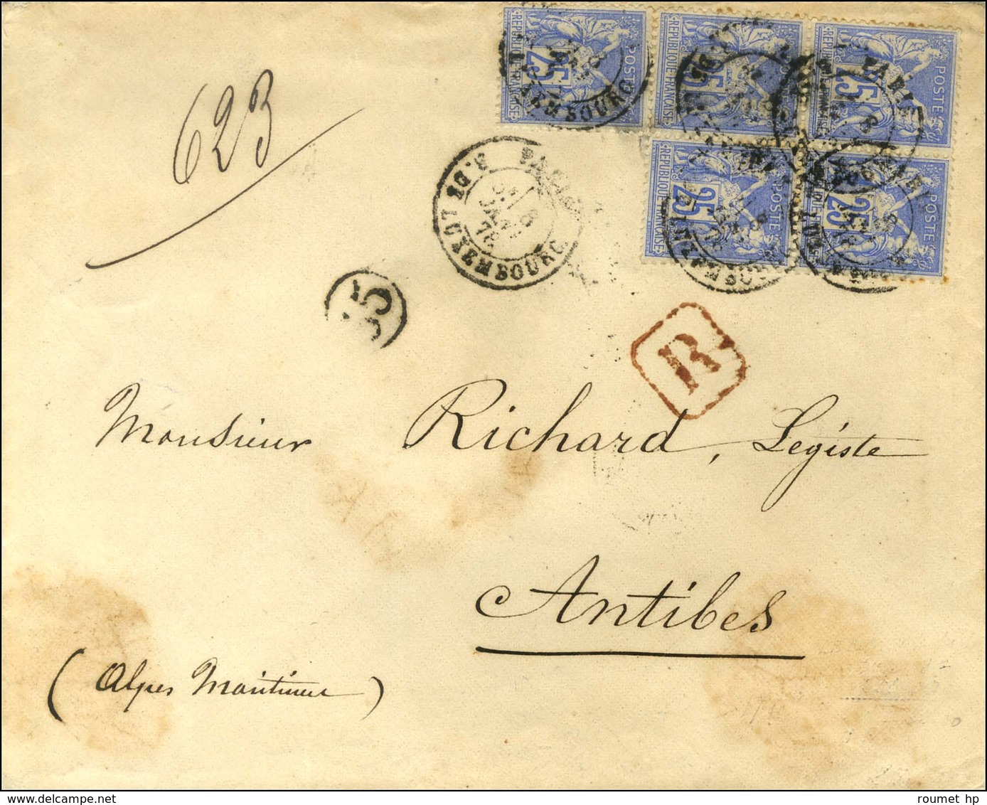 Càd PARIS / R. DU LUXEMBOURG / N° 78 Bloc De 4 + 1 Ex Sur Lettre 3 Ports Recommandée Pour Antibes. 1878. - TB / SUP. - R - 1876-1878 Sage (Type I)