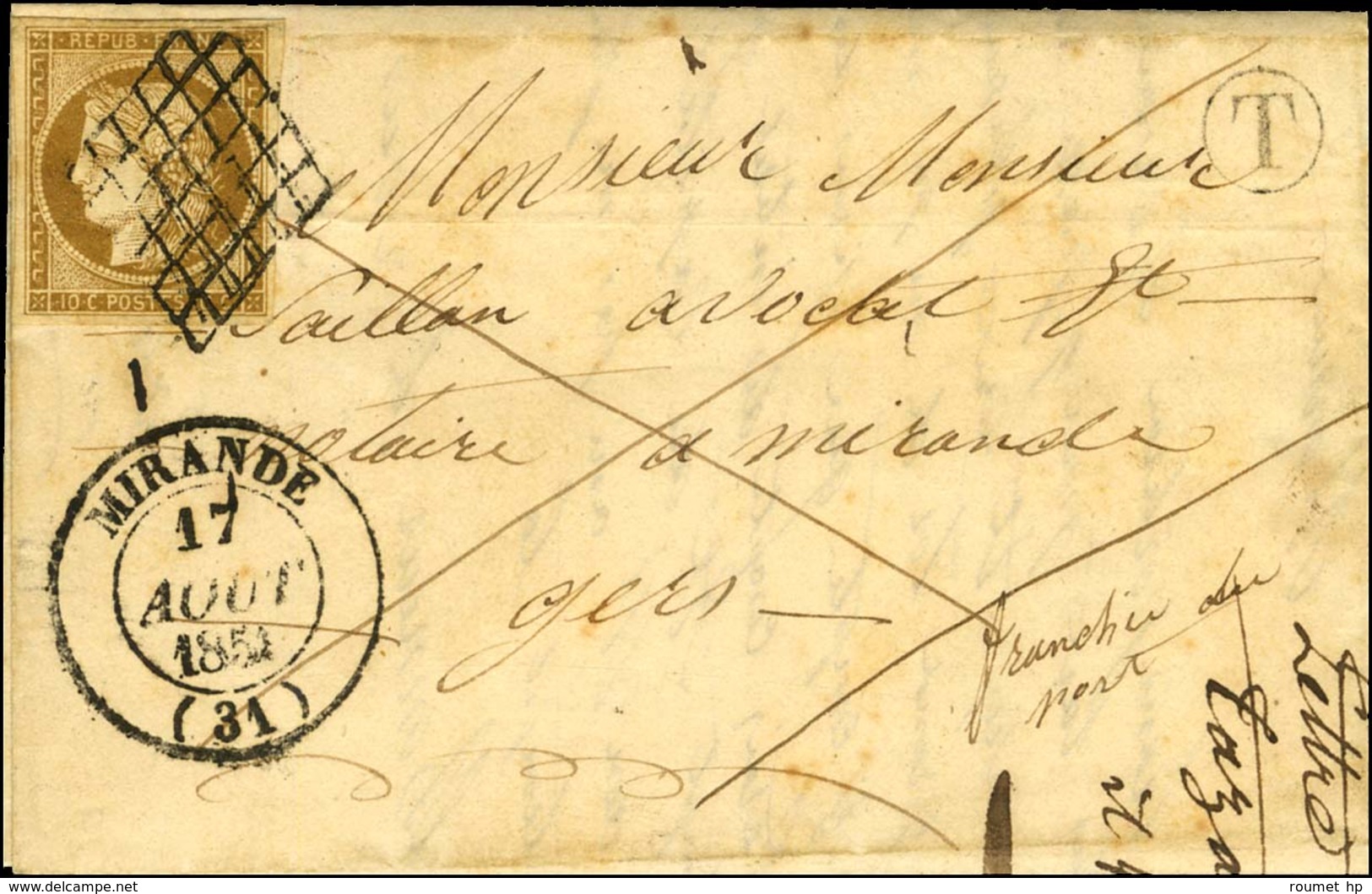 Grille / N° 1 (infime Froissure) Càd T 14 MIRANDE (31) B. RUR. T Sur Lettre Avec Texte Daté De Sauviac Adressée Localeme - 1849-1850 Ceres