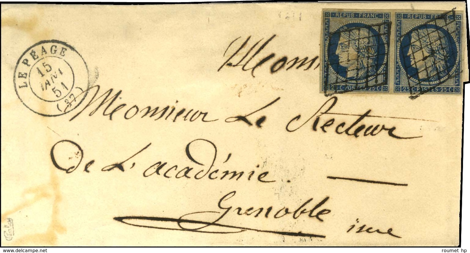 Grille / N° 4 Bleu Foncé Paire Càd T 15 LE PEAGE (37) Sur Lettre 2 Ports Pour Grenoble. 1851. - TB / SUP. - 1849-1850 Ceres