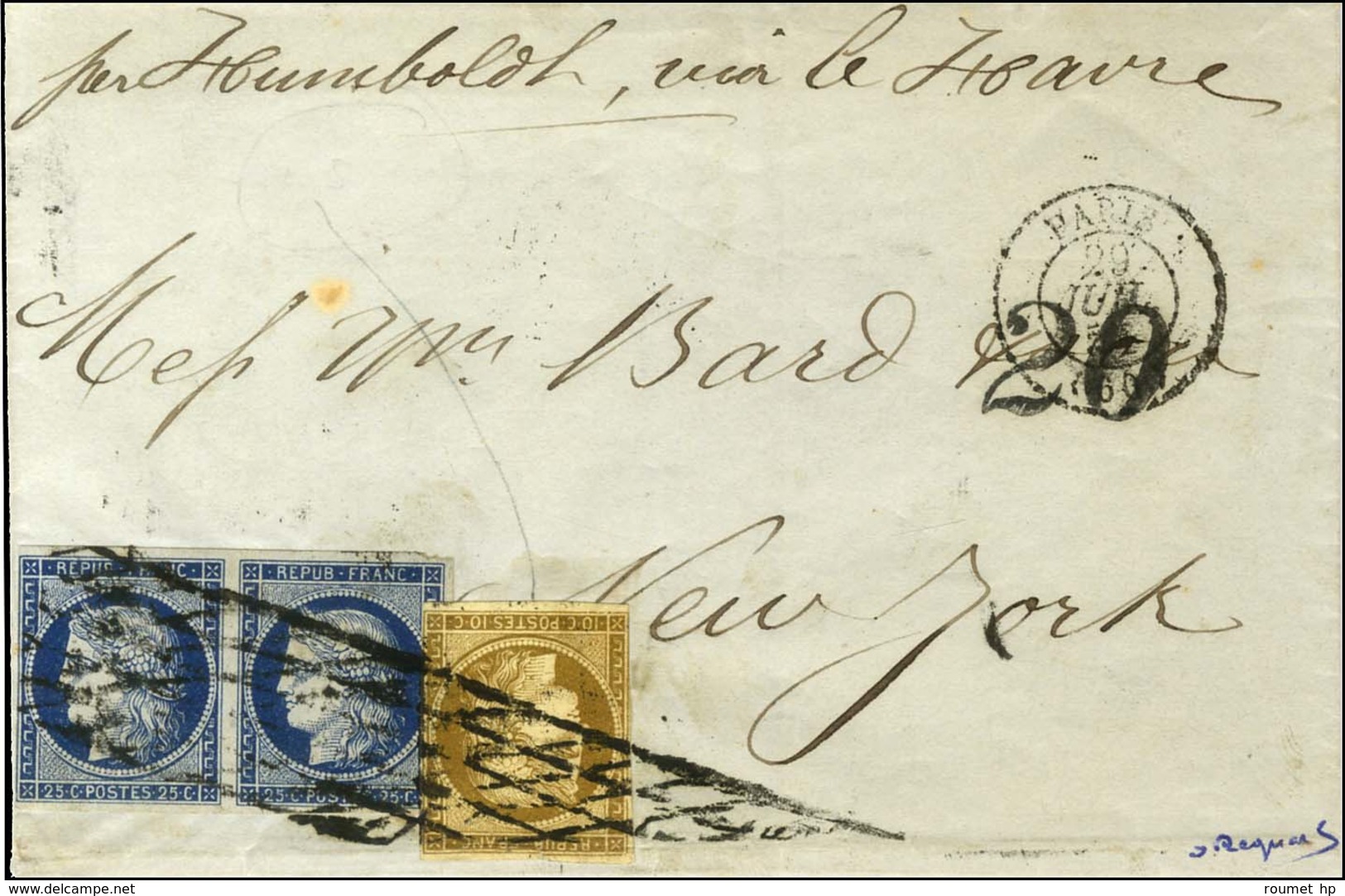 Grille Sans Fin / N° 1 (infime Froissure) + 4 Paire Càd PARIS (60) Sur Lettre Pour New York. Au Verso, Càd Rouge BUREAU  - 1849-1850 Ceres