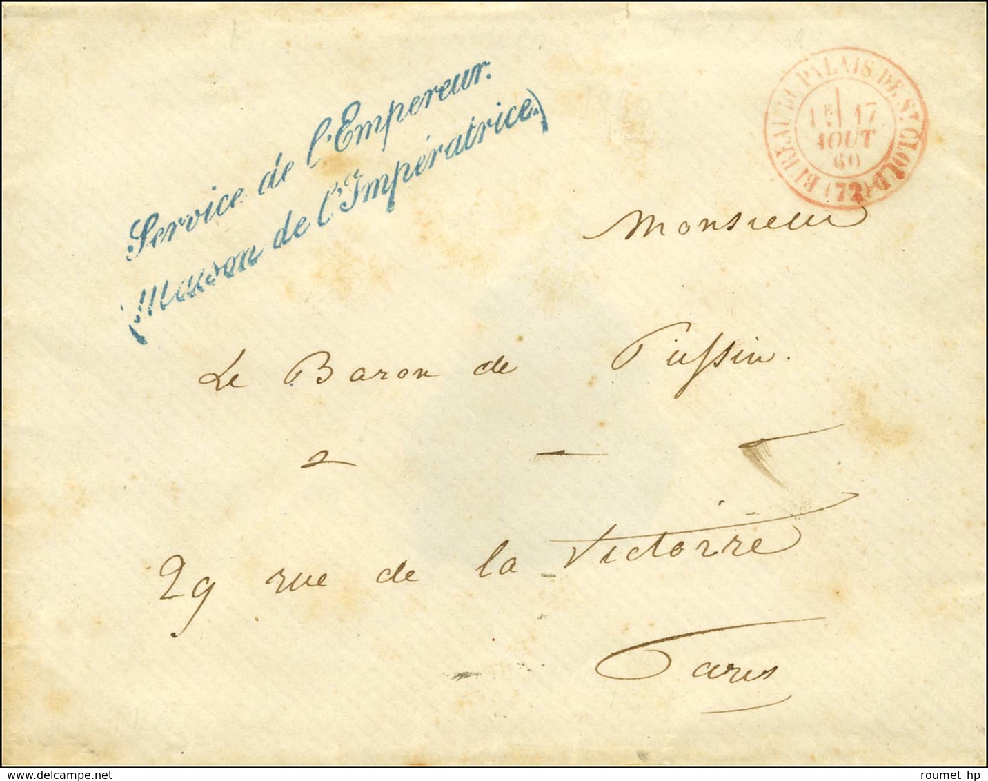 Càd Rouge BUREAU DU PALAIS DE SAINT-CLOUD (72) Sur Lettre Adressée En Franchise Avec Griffe Bleue ' Service De L'Empereu - 1853-1860 Napoléon III