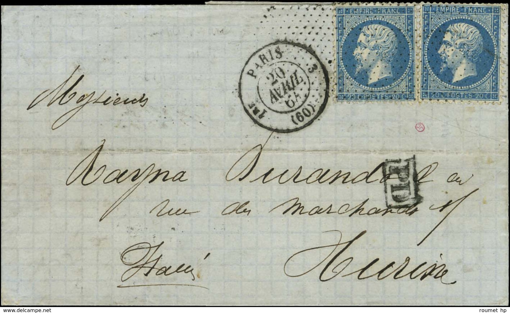 Rouleau De Pointillés / N° 22 Paire Càd PARIS (60) Sur Lettre Pour Turin. 1864. - SUP. - 1862 Napoléon III