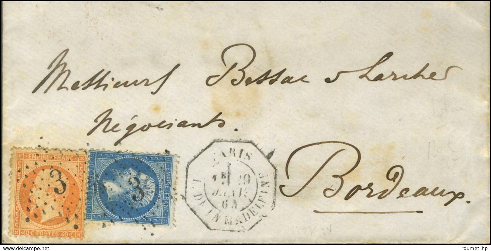 Etoile 3 / N° 22 + 23 Paire Càd Octo De Lev Ex PARIS / PL. DE LA MADELEINE 1E Sur Lettre 2 Ports Pour Bordeaux. 1864. -  - 1863-1870 Napoléon III Con Laureles