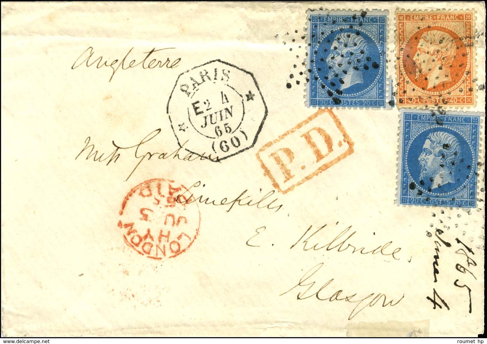 Etoile / N° 22 (2) + 23 Càd Octo De Lev Ex * PARIS * (60) E2 Sur Lettre Pour Glasgow. 1865. - TB / SUP. - R. - 1863-1870 Napoléon III Con Laureles