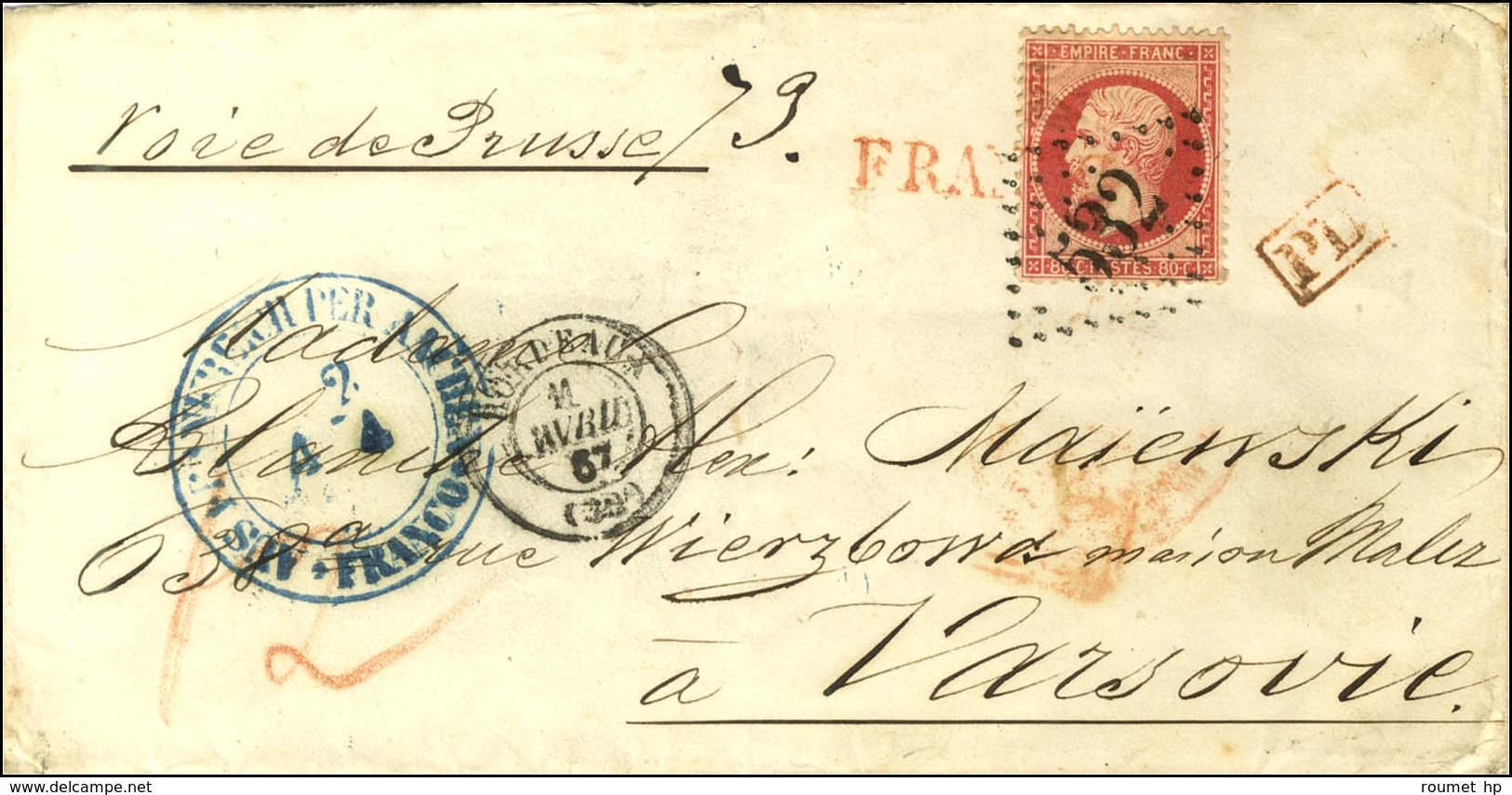 GC 532 / N° 24 Càd T 15 BORDEAUX (32) Sur Lettre Pour Varsovie Par La Voie De Prusse. 1867. - TB / SUP. - 1863-1870 Napoléon III Con Laureles