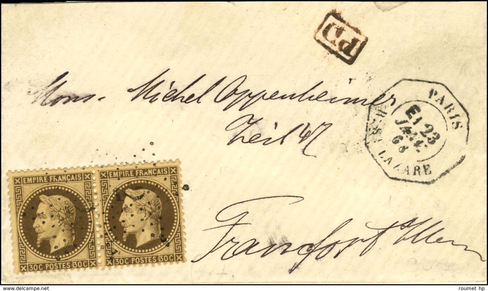 Etoile 2 / N° 30 Paire Càd Octo De Lev Ex PARIS / R. St LAZARE E1 Sur Lettre Pour Francfort. 1866. - TB / SUP. - R. - 1863-1870 Napoléon III Con Laureles