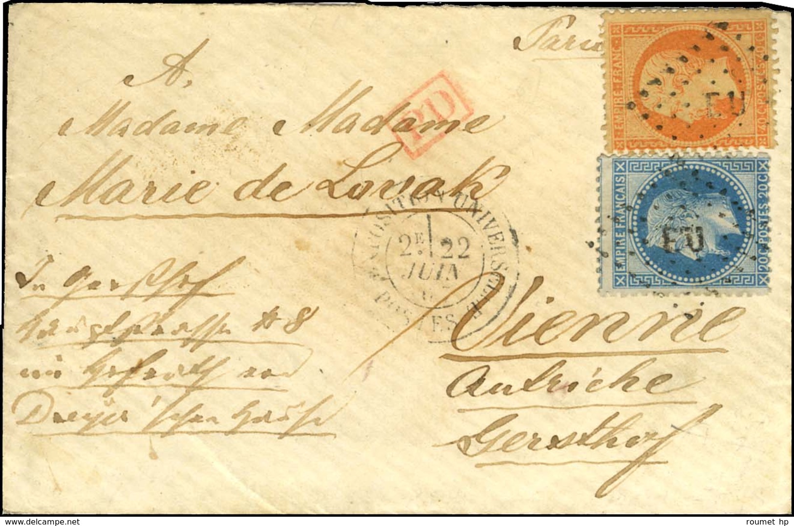 Losange EU / N° 29 + 31 Càd EXPOSITION UNIVERSELLE / POSTES Sur Lettre Pour Vienne (Autriche). 1867. - TB. - R. - 1863-1870 Napoléon III Con Laureles