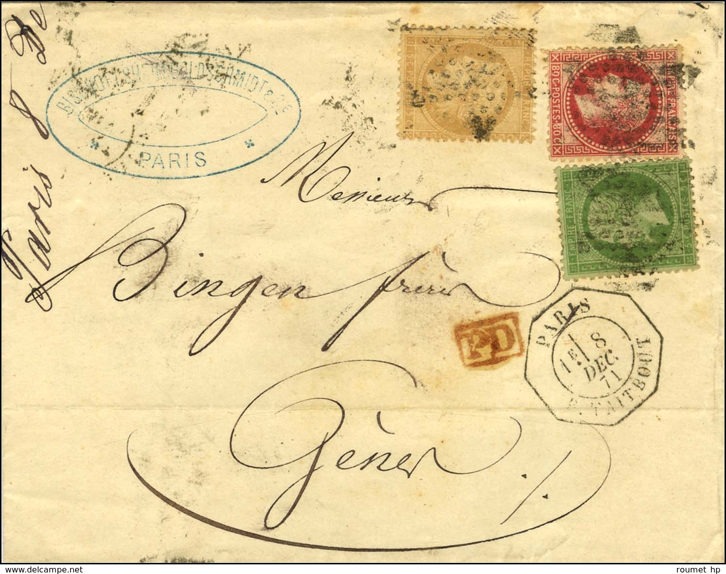 Etoile 22 / N° 20 + 32 + 59 Càd Octo De Lev Ex PARIS / R. TAITBOUT 1E Sur Lettre Pour Gênes. 1871. - TB. - R. - 1863-1870 Napoléon III Con Laureles