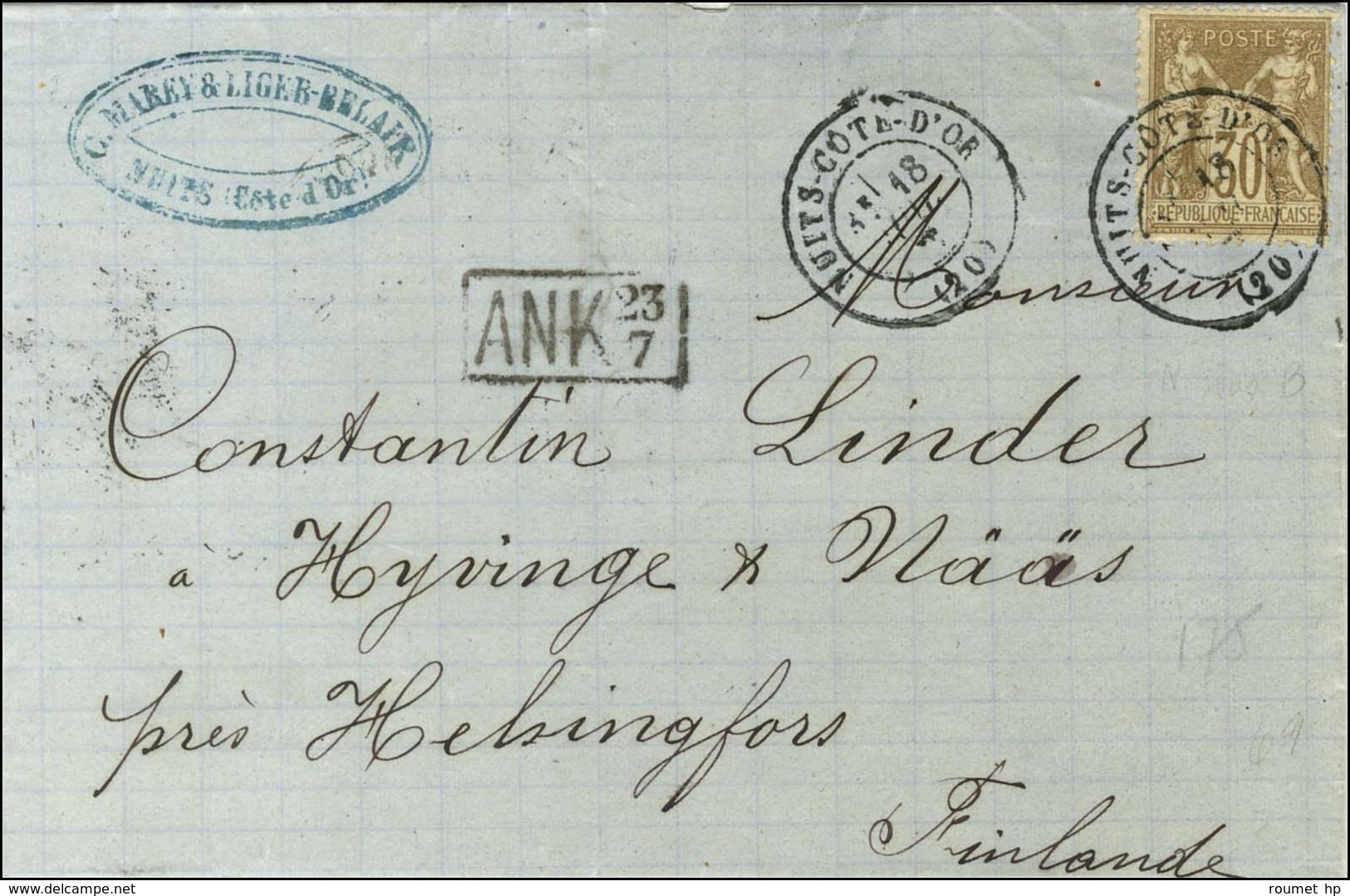 Càd T 17 NUITS-COTE-D'OR (20) / N° 69 Sur Lettre Pour Helsingfors (Finlande). Au Recto, Marque De Passage Encadrée ANK 2 - 1876-1878 Sage (Type I)