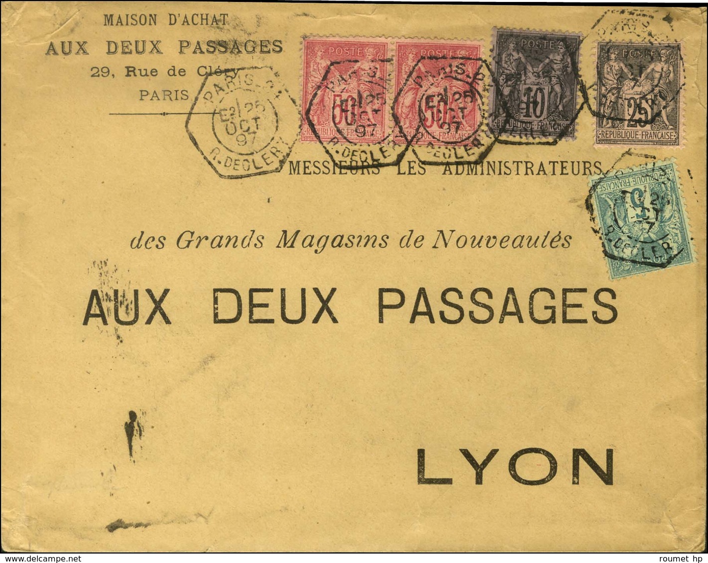 Càd Hexa De Lev. Exp. PARIS 24 / R. DE CLERY E2 / N° 75 + 89 + 97 + 98 (2) Sur Lettre Pour Lyon. 1897. - TB / SUP. - 1876-1878 Sage (Type I)