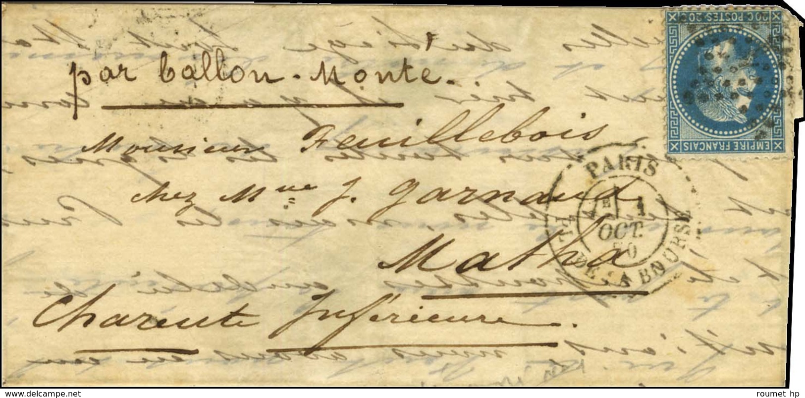 Etoile 1 / N° 29 Càd PARIS / PL. DE LA BOURSE 1 OCT. 70 Sur Lettre Pour Matha (Charente Inférieure). Au Verso, Càd D'arr - Guerra De 1870