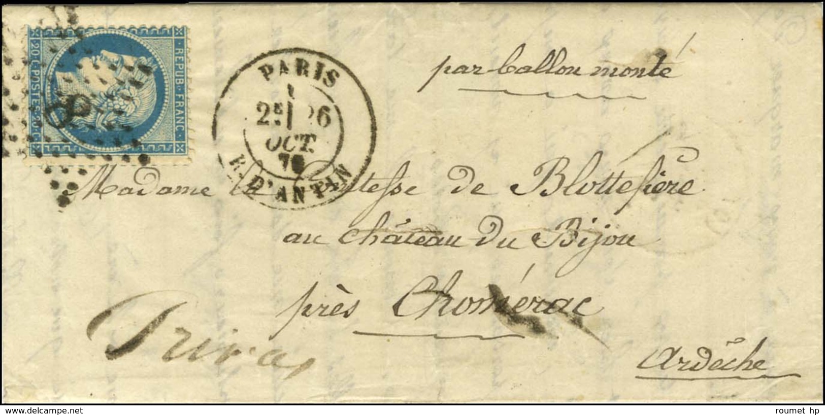 Etoile 8 / N° 37 Càd PARIS / R. D'ANTIN 26 OCT. 70 Sur Lettre Pour Chomerac (Ardèche) Réexpédiée à Privas. Au Verso, Càd - Guerra De 1870