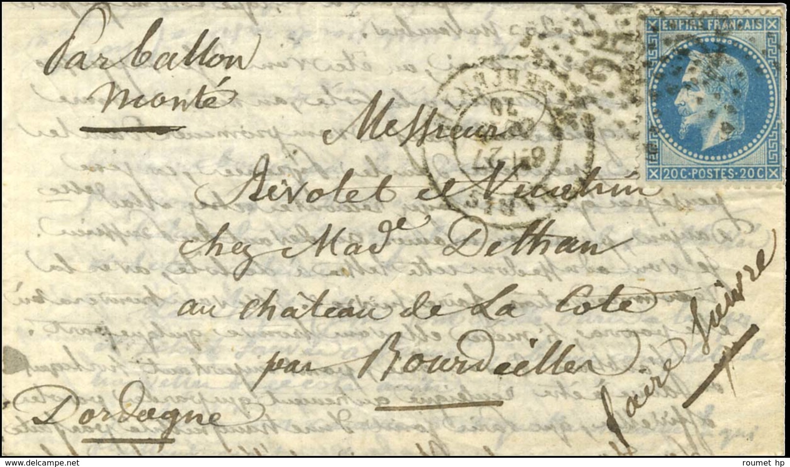 Etoile 25 / N° 29 Càd PARIS / R. SERPENTE 27 OCT. 70 Sur Lettre Pour Bourdeilles (Dordogne). Au Verso, Càd D'arrivée 2 N - Guerra De 1870
