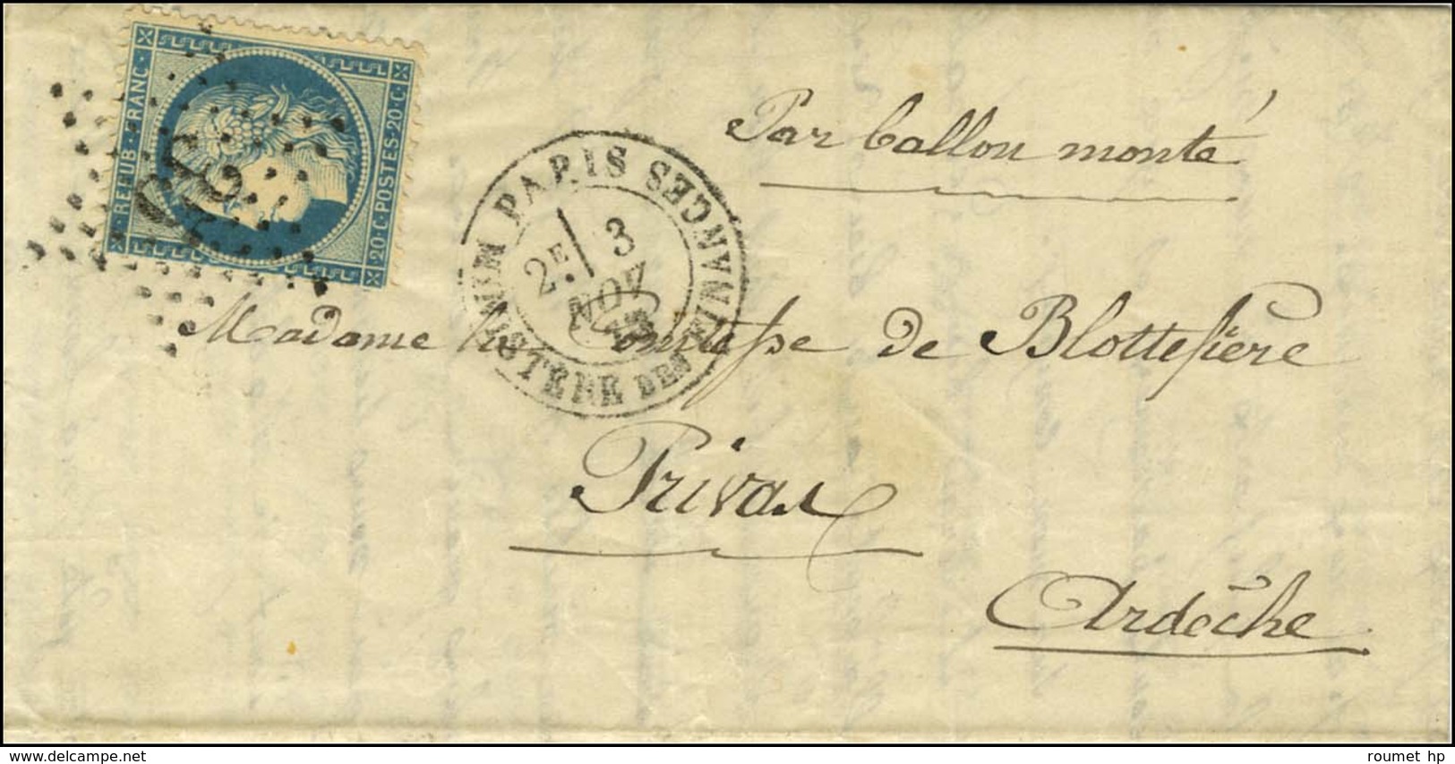 Etoile 35 / N° 37 Càd PARIS / MINISTERE DES FINANCES 3 NOV. 70 Sur Lettre Pour Privas (Ardèche). Au Verso, Càd D'arrivée - Guerra De 1870