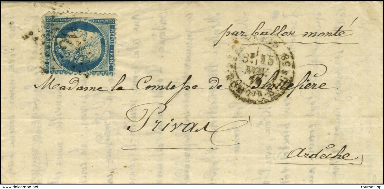 Etoile 20 / N° 37 Càd PARIS / R. ST DOMque ST GN N° 58 15 NOV. 70 Sur Lettre Pour Privas (Ardèche). Au Verso, Càd De Pas - Guerra De 1870