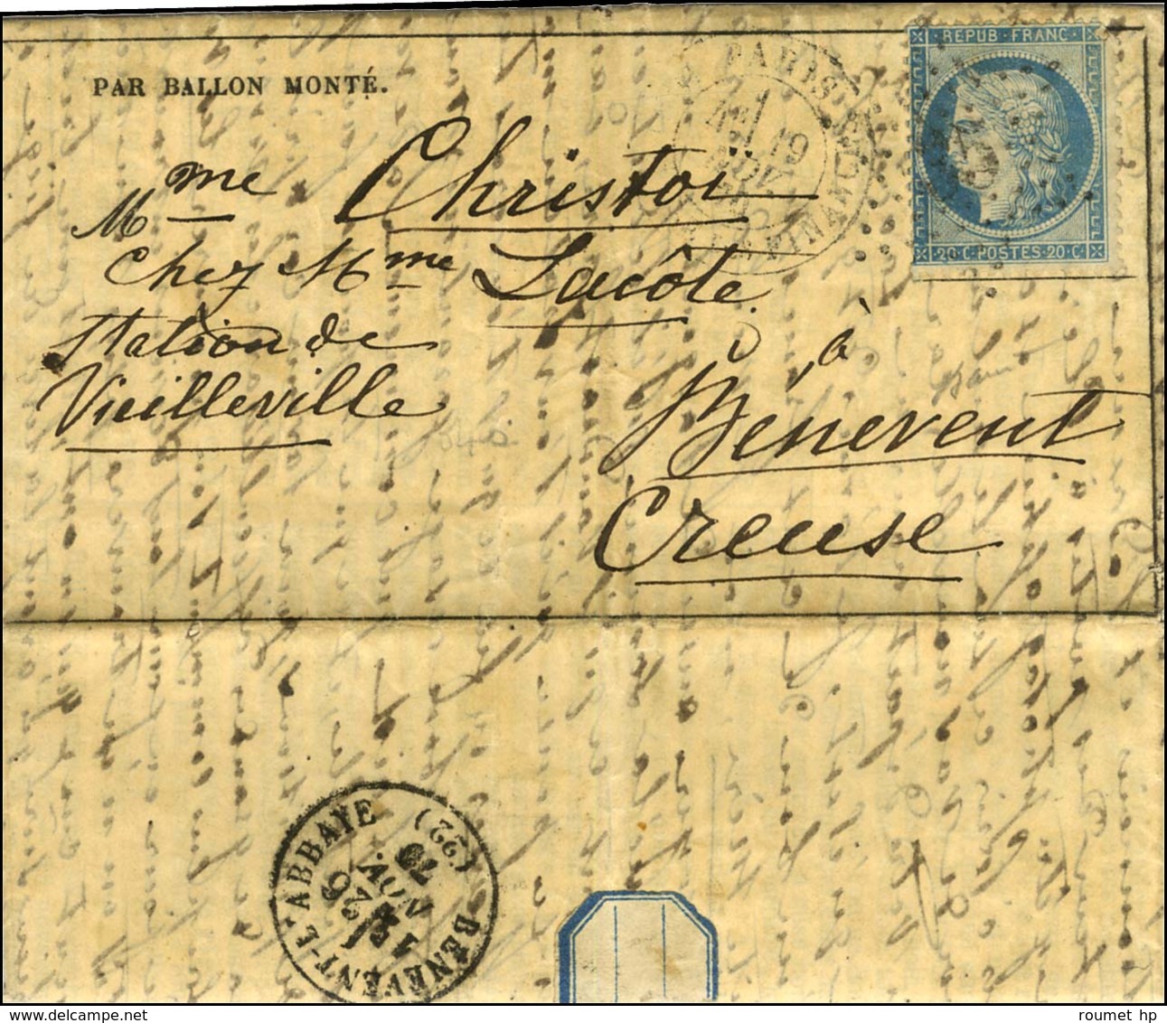 Etoile 35 / N° 37 Càd PARIS / MINISTERE DES FINANCES 19 NOV. 70 Sur Gazette Des Absents N° 9 Pour Benevent (Creuse). Au  - Guerra De 1870