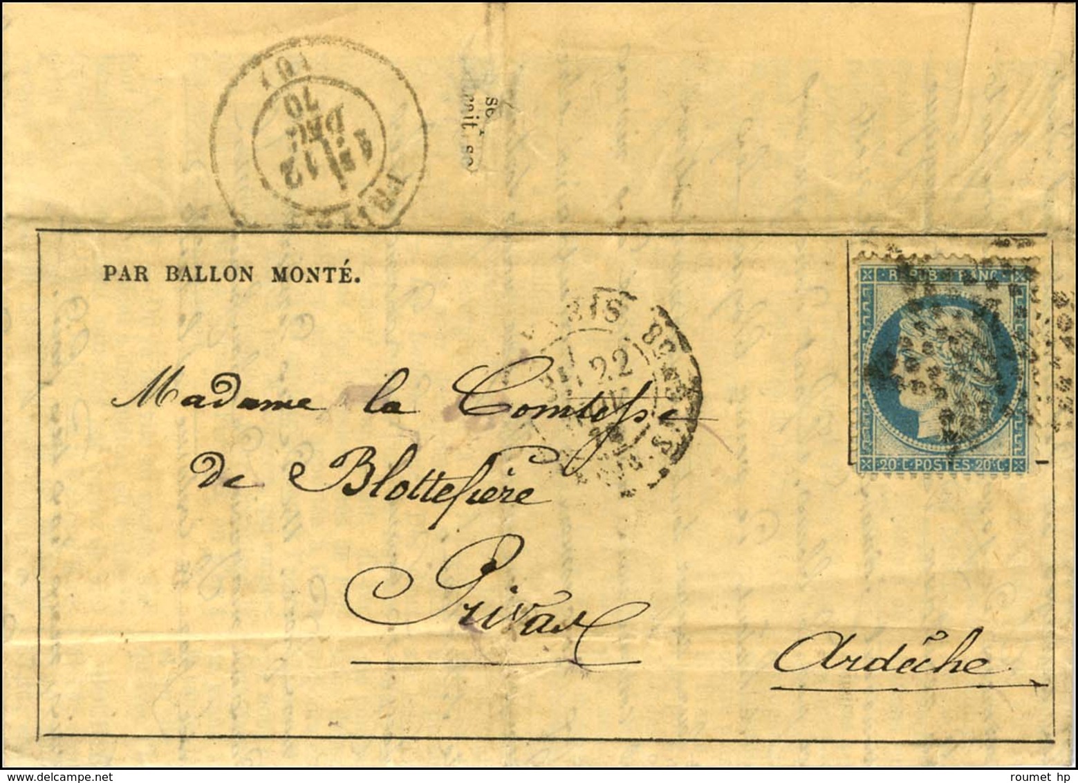 Etoile 20 / N° 37 Càd PARIS / R. ST DOMque ST GN N° 58 22 NOV. 70 Sur Gazette Des Absents N° 9 Pour Privas (Ardèche). Au - Oorlog 1870