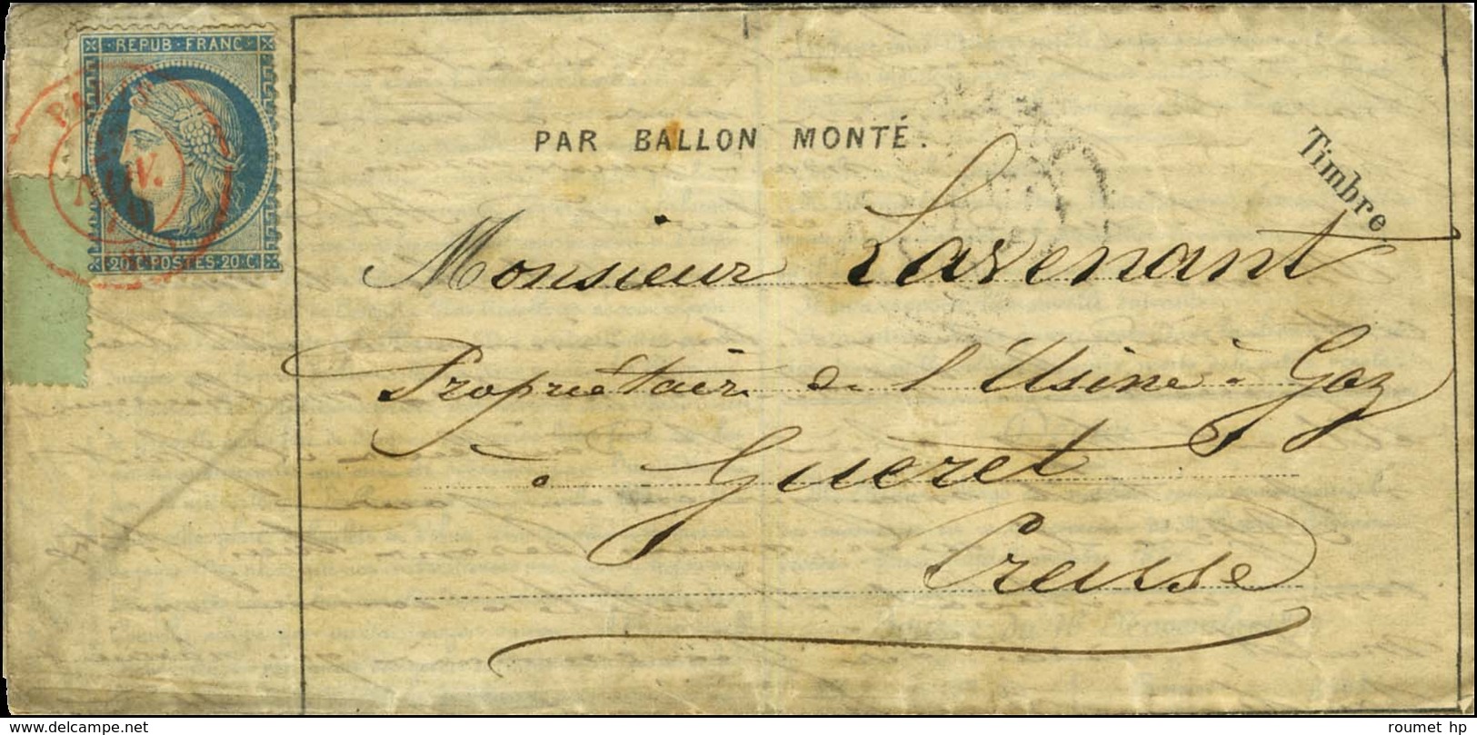 Càd Rouge PARIS SC  23 NOV. 70 / N° 37 Sur Dépêche-Ballon N° 7 Pour Guéret (Creuse). Au Verso, Càd D'arrivée 10 DEC. 70. - Guerra De 1870