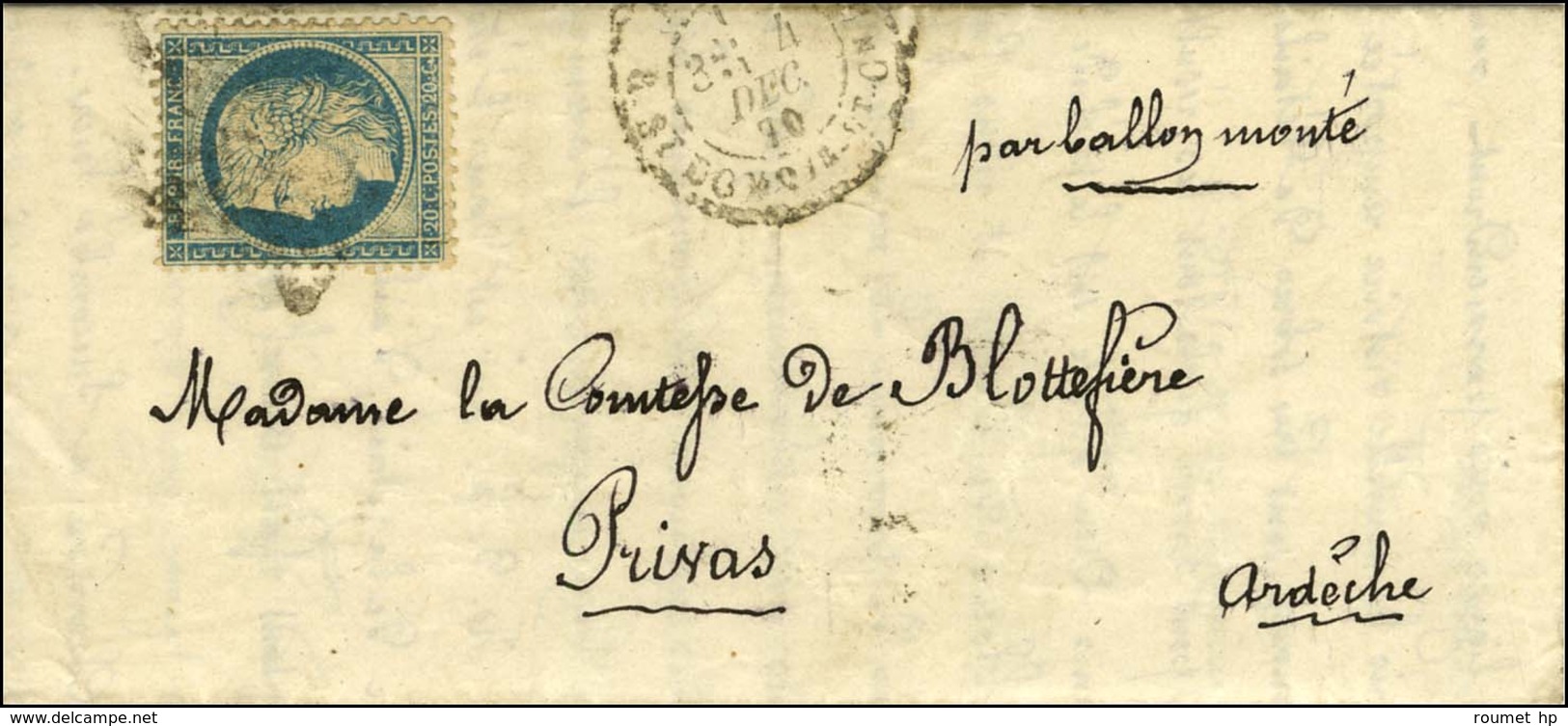 Etoile 20 / N° 37 Càd PARIS / R. ST DOMque ST GN N° 58 4 DEC. 70 Sur Lettre Pour Privas (Ardèche). Au Verso, Càd De Pass - Guerra De 1870