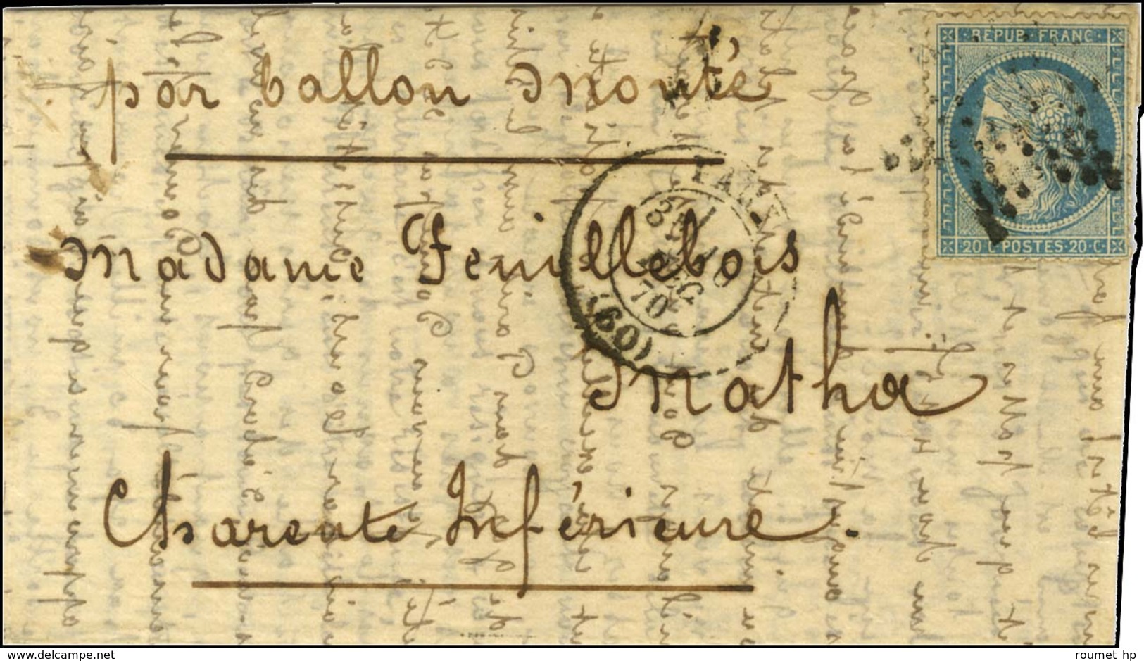 Etoile / N° 37 Càd PARIS (60) 10 DEC. 70 Sur Lettre Pour Matha (Charente Inférieure). Au Verso, Càd D'arrivée 20 DEC. 70 - Guerra De 1870