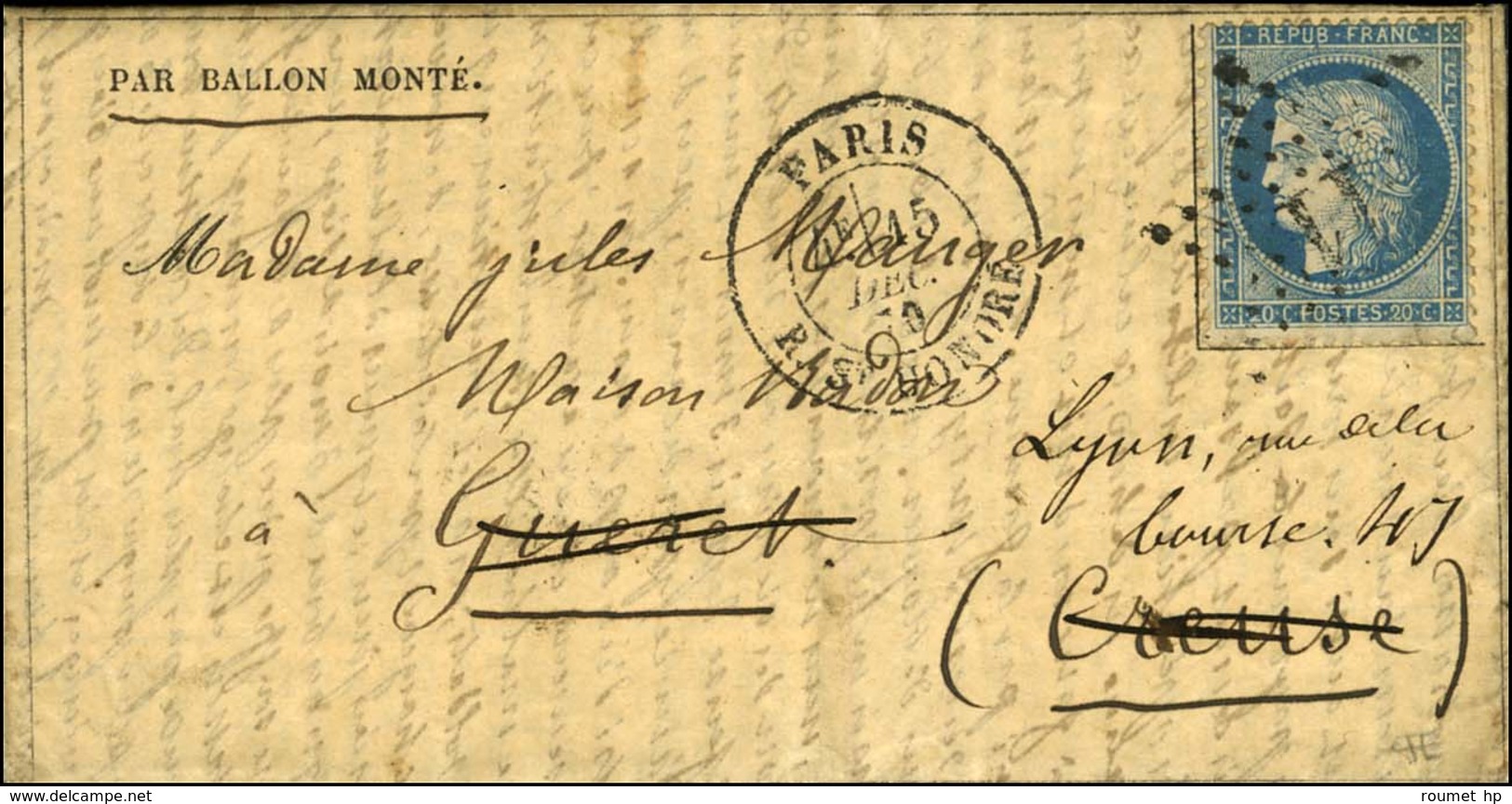 Etoile 11 / N° 37 Càd PARIS / R. ST HONORE 15 DEC. 70 Sur Gazette Des Absents N° 16 Pour Guéret (Creuse). Au Verso, Càd  - Guerra De 1870