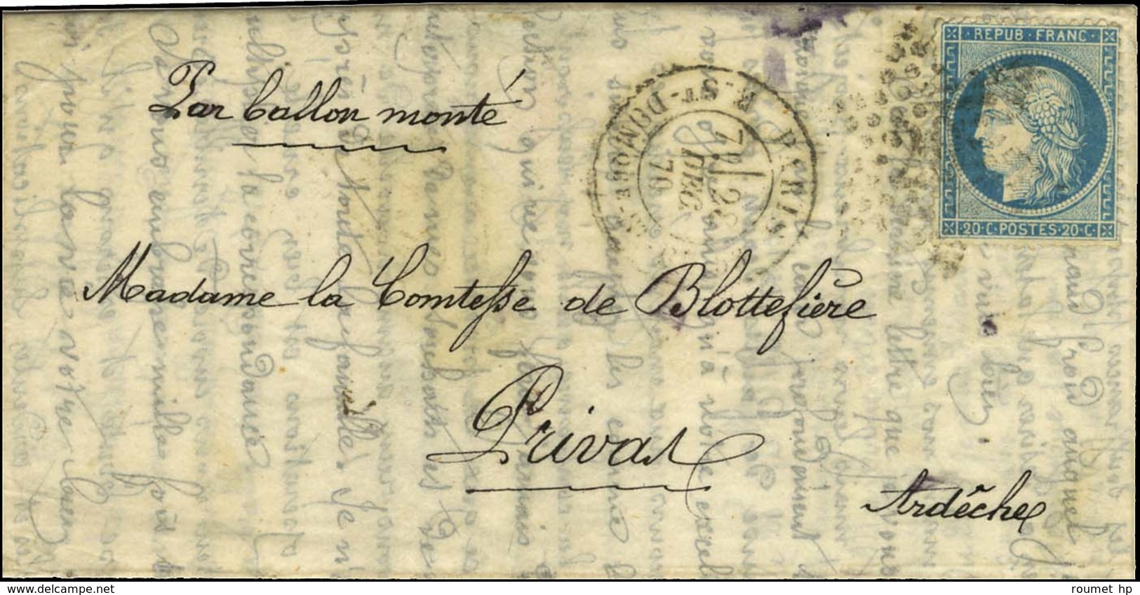 Etoile 20 / N° 37 Càd PARIS / R. ST DOMque ST GN N° 58 28 DEC. 70 7e Levée Sur Lettre Pour Privas (Ardèche). Au Verso, C - Guerra De 1870