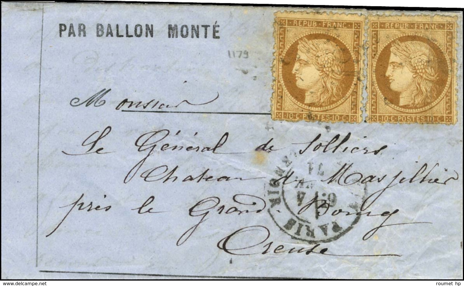 Etoile 19 / N° 36 (2) Càd PARIS / BT RICHARD LENOIR 4 JANV. 71 Sur Lettre PAR BALLON MONTE Pour Grand Bourg (Creuse). Au - Guerra De 1870