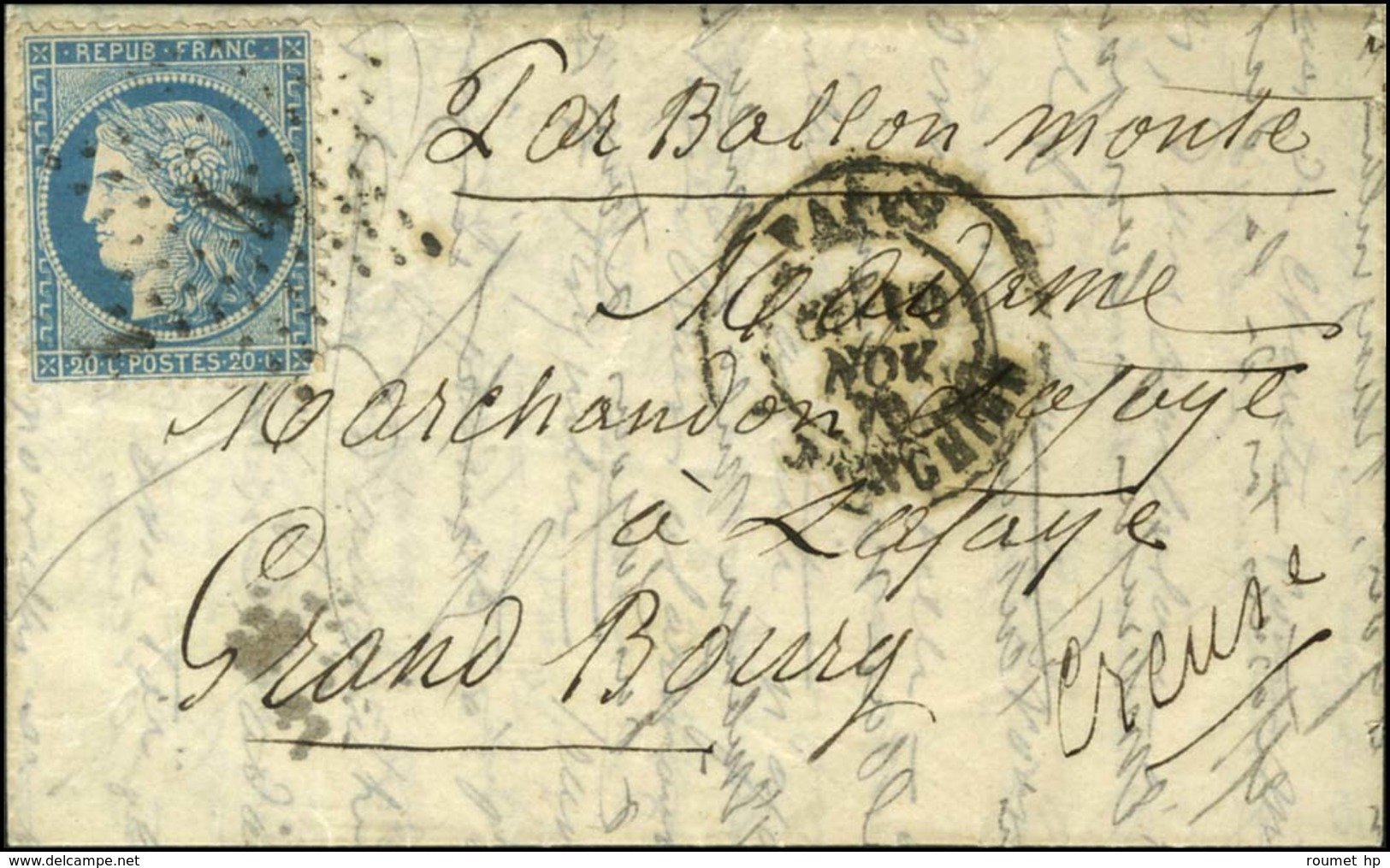 Etoile 4 / N° 37 Càd PARIS / R. D'ENGHIEN 10 NOV. 70 Sur Lettre Pour Grand Bourg (Creuse) Sans Càd D'arrivée. Courrier S - Guerra De 1870