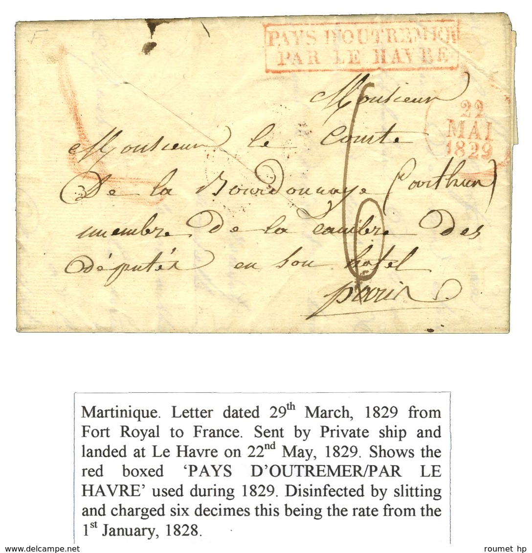 Lettre Avec Texte Daté De Fort Royal Le 29 Mars 1829 Pour Paris. Au Recto, Marque Postale D'entrée Encadrée Rouge PAYS D - Correo Marítimo