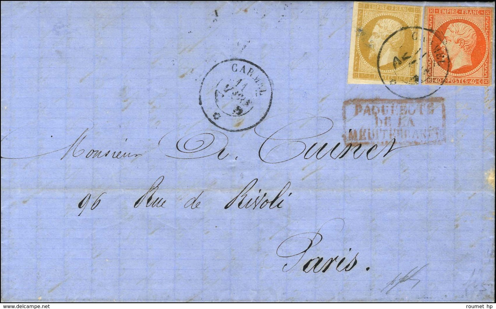 Càd CARMEL * (variété Dateur échoppé) 11 MARS (58) / N° 13 + 16 Sur Lettre De Constantinople Pour Paris (Ex Collection L - Maritime Post