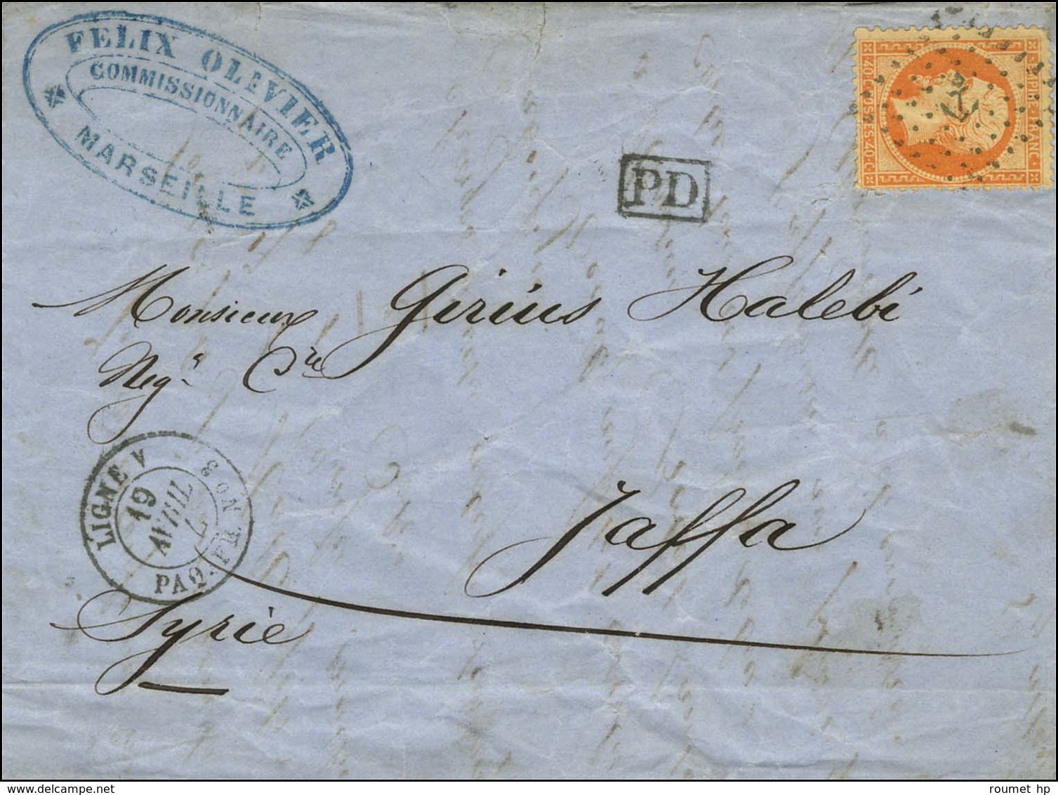 Ancre  / N° 23 Càd LIGNE V / PAQ. FR. N° 3 Sur Lettre De Marseille Pour Jaffa. Exceptionnelle Destination. 1867. - TB /  - Maritime Post