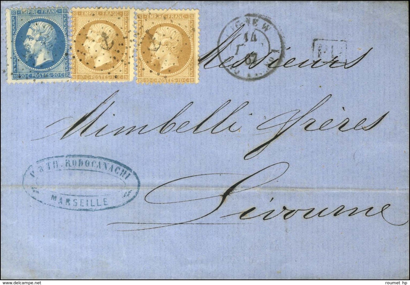 Ancre / N° 21 (2) + 22 Càd LIGNE W / PAQ. FR N° 1 Sur Lettre De Marseille Pour Livourne. 1867. - TB / SUP. - R. - Maritime Post