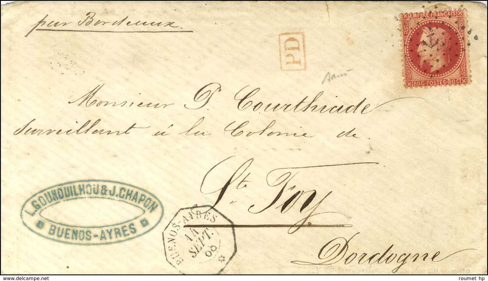 Ancre / N° 32 Càd Octo BUENOS AYRES / * 14 SEPT. 68 Sur Lettre De Buenos Ayres Pour Ste Foy Adressée En Malle Supplément - Correo Marítimo