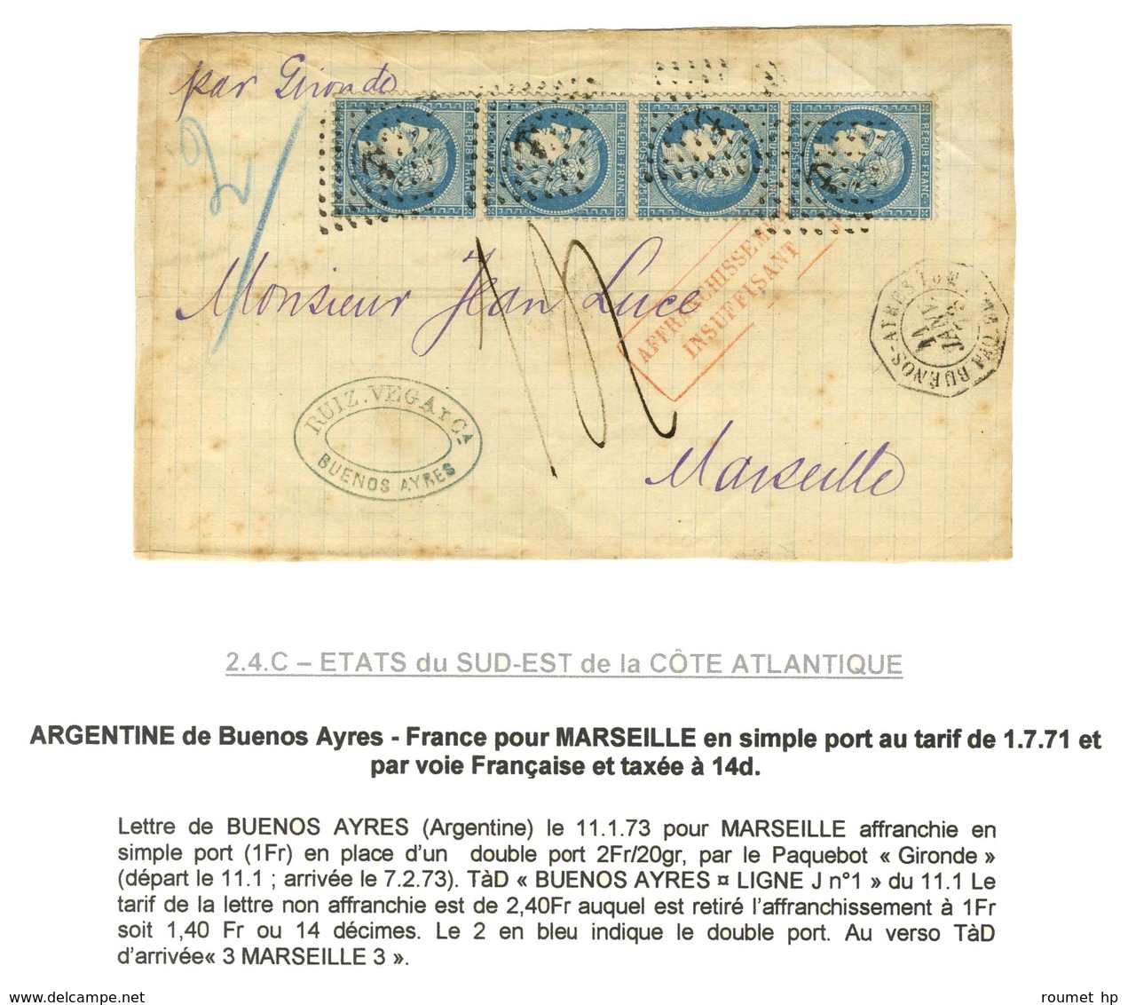 Ancre / N° 60 Bande De 4 Càd Octo BUENOS-AYRES / PAQ. FR J N° 1 Sur Lettre 2 Ports Insuffisamment Affranchie Pour Marsei - Maritime Post