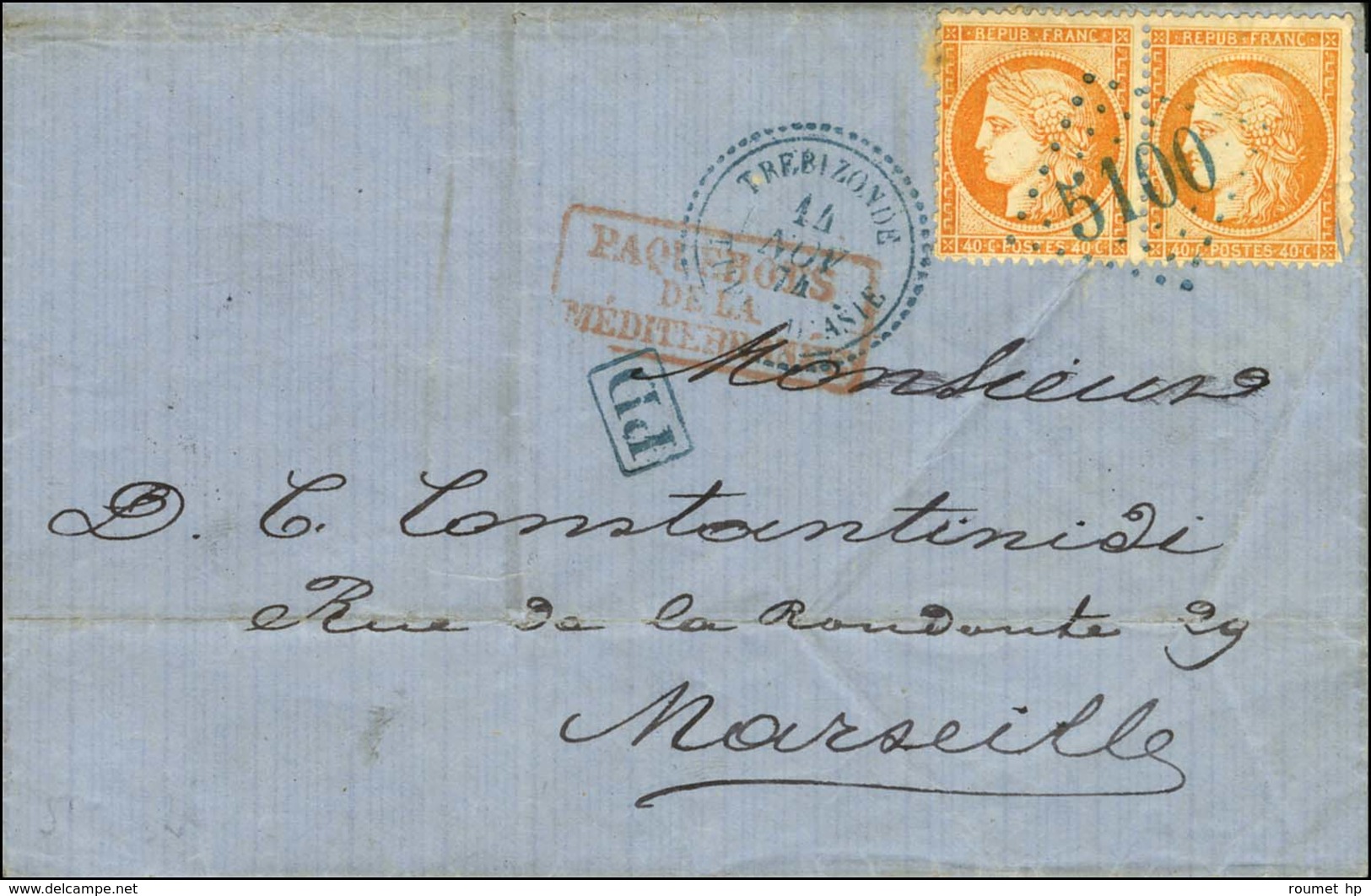 GC Bleu 5100 / N° 38 Paire (1 Ex Pd) Càd T 22 Bleu TREBIZONDE / TURQ. D'ASIE Sur Lettre Pour Marseille. 1874. - TB / SUP - Schiffspost