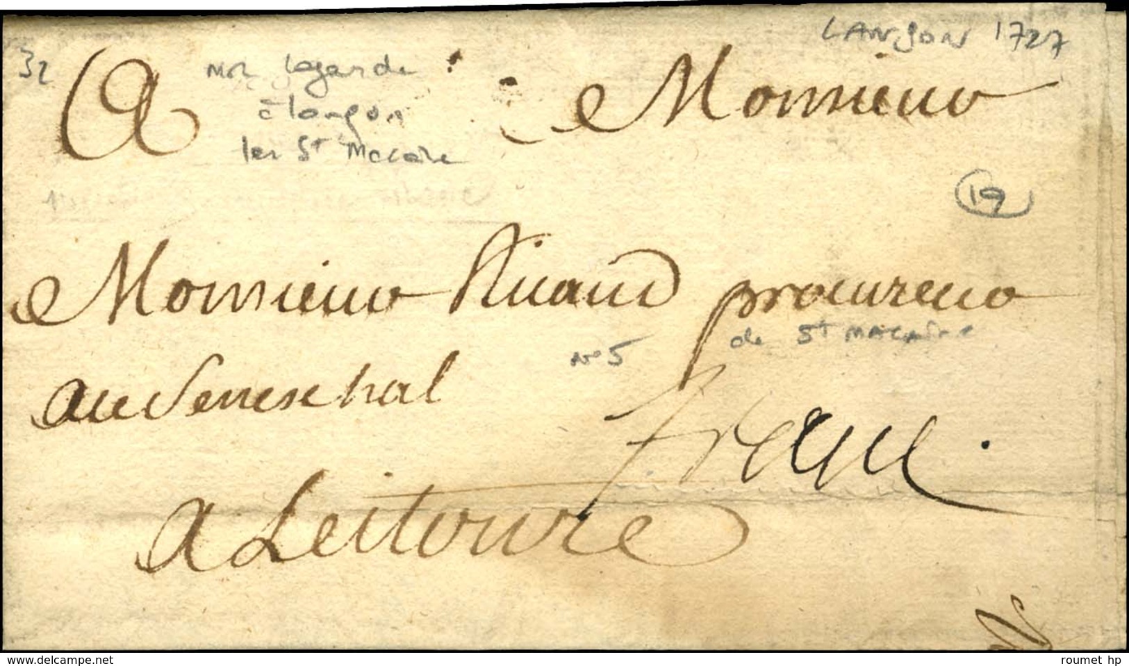 Lettre Avec Texte Daté De Langon Le 16 Février 1727 Pour Lectoure. Au Recto, '' Franc '' (St Macaire L N° 5). - TB. - 1701-1800: Precursores XVIII