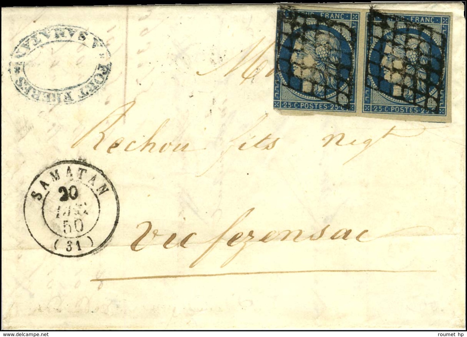 Grille / N° 4 Paire (1 Ex Def) Càd T 15 SAMATAN Sur Lettre 2 Ports Pour Vic Fezensac. 1850. - TB. - Otros & Sin Clasificación