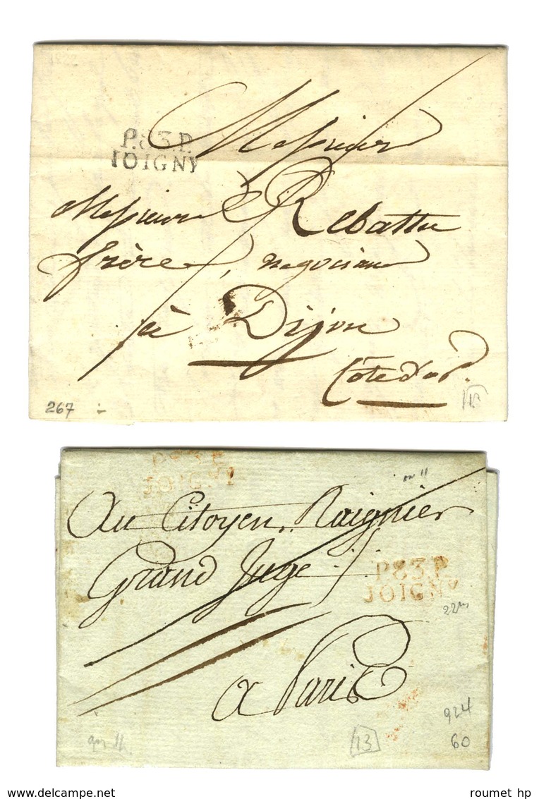 Lot De 2 Lettres De Joigny : P.83.P / JOIGNY Rouge An 11 Et Idem Noir 1822. - TB. - Otros & Sin Clasificación